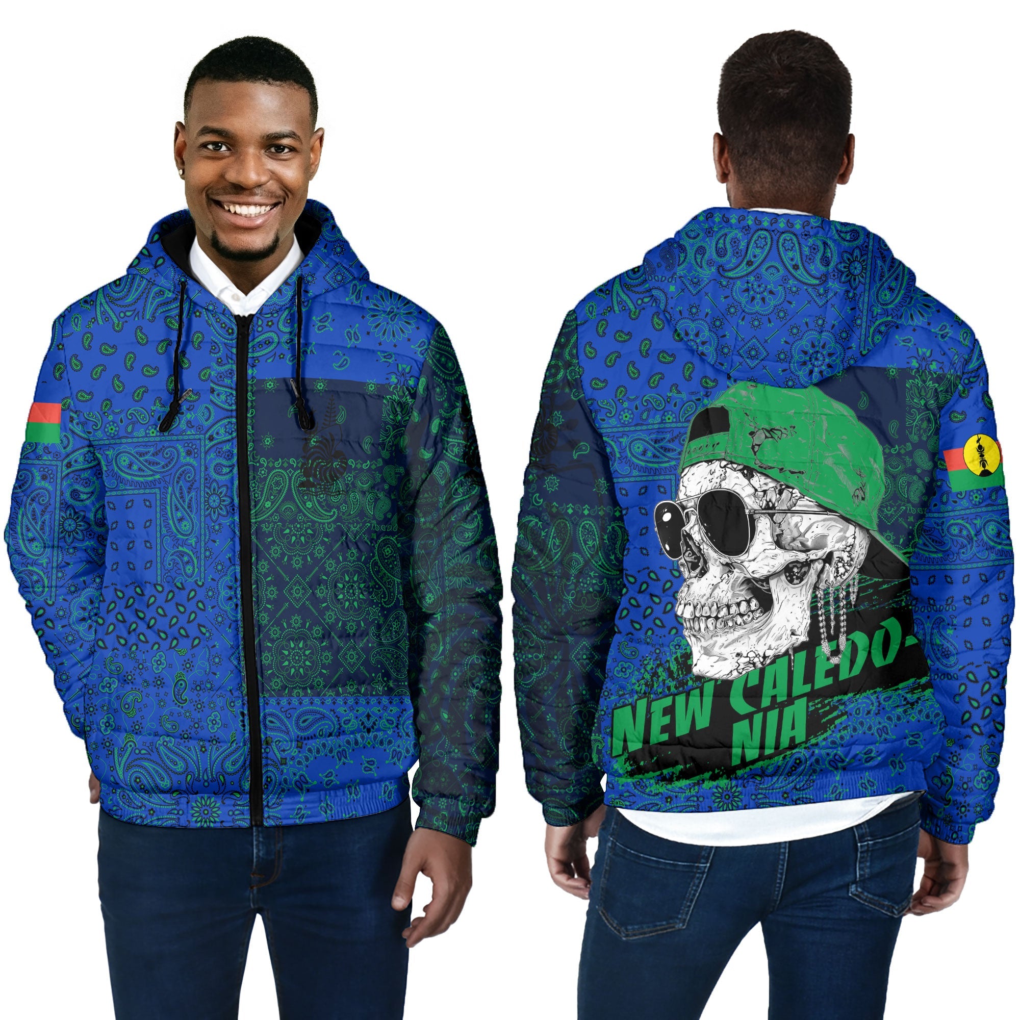 New Caledonia Men Hooded Padded Jacket Paisley Flag And Skull Style 4