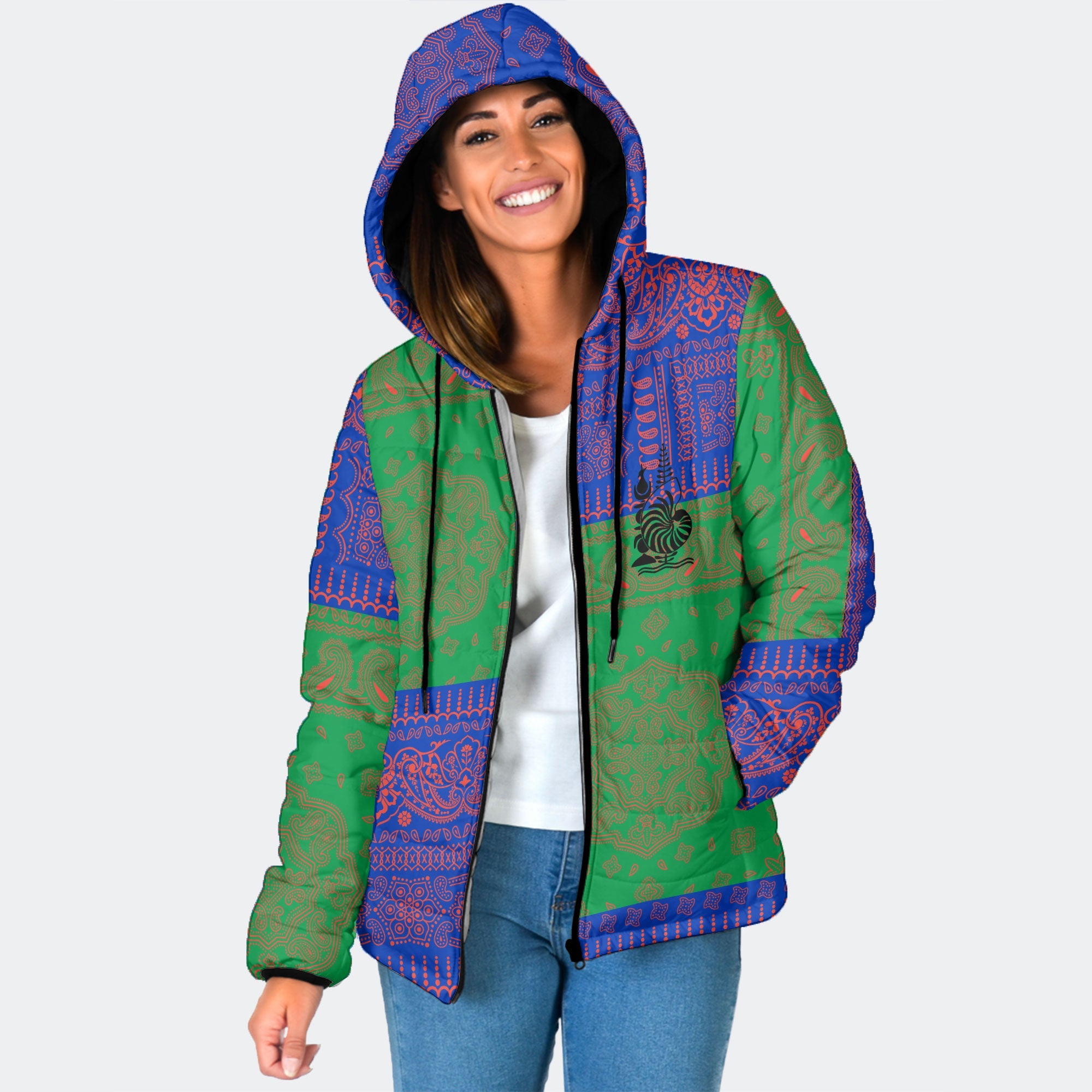 New Caledonia Women Hooded Padded Jacket Flag And Paisley Basic Style 1