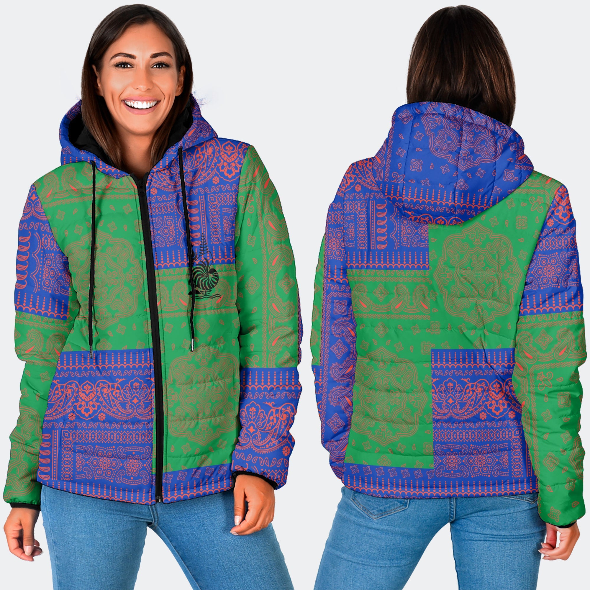 New Caledonia Women Hooded Padded Jacket Flag And Paisley Basic Style 3