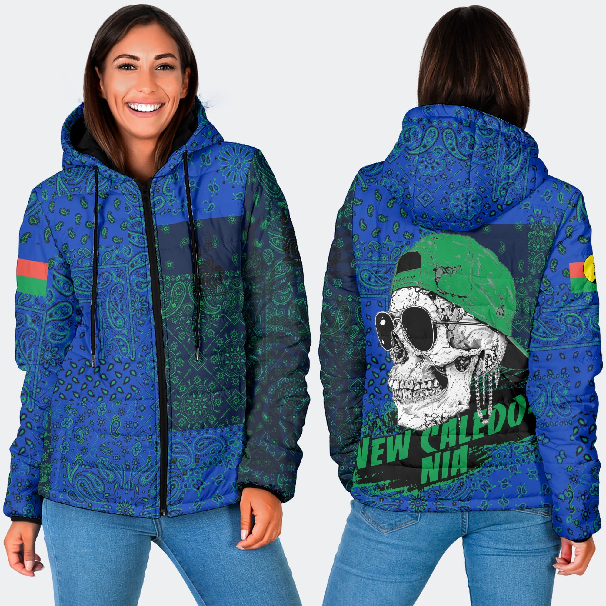 New Caledonia Women Hooded Padded Jacket Paisley Flag And Skull Style 3