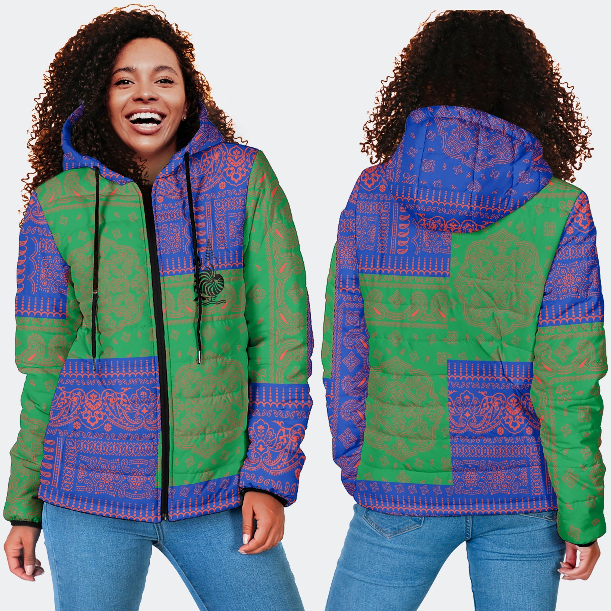 New Caledonia Women Hooded Padded Jacket Flag And Paisley Basic Style 4