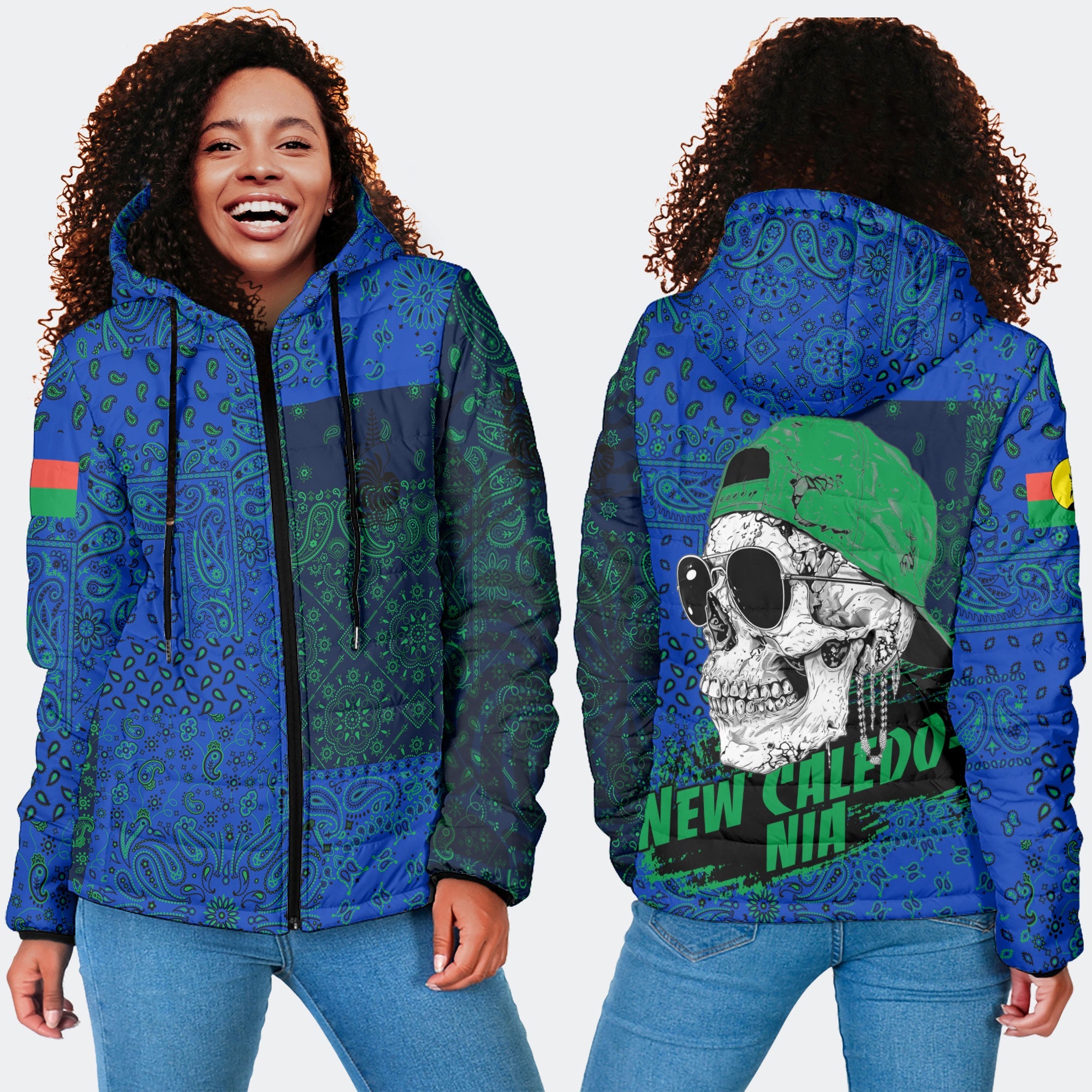 New Caledonia Women Hooded Padded Jacket Paisley Flag And Skull Style 4