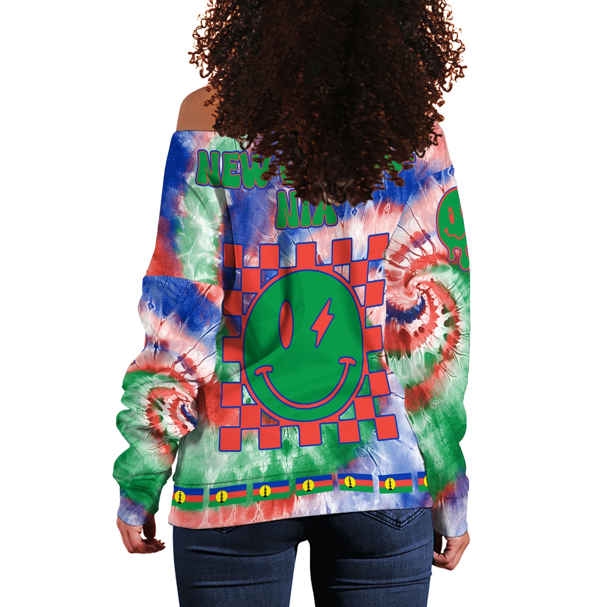 New Caledonia Women Off Shoulder Sweatshirt Custom Tie Dye Style 1