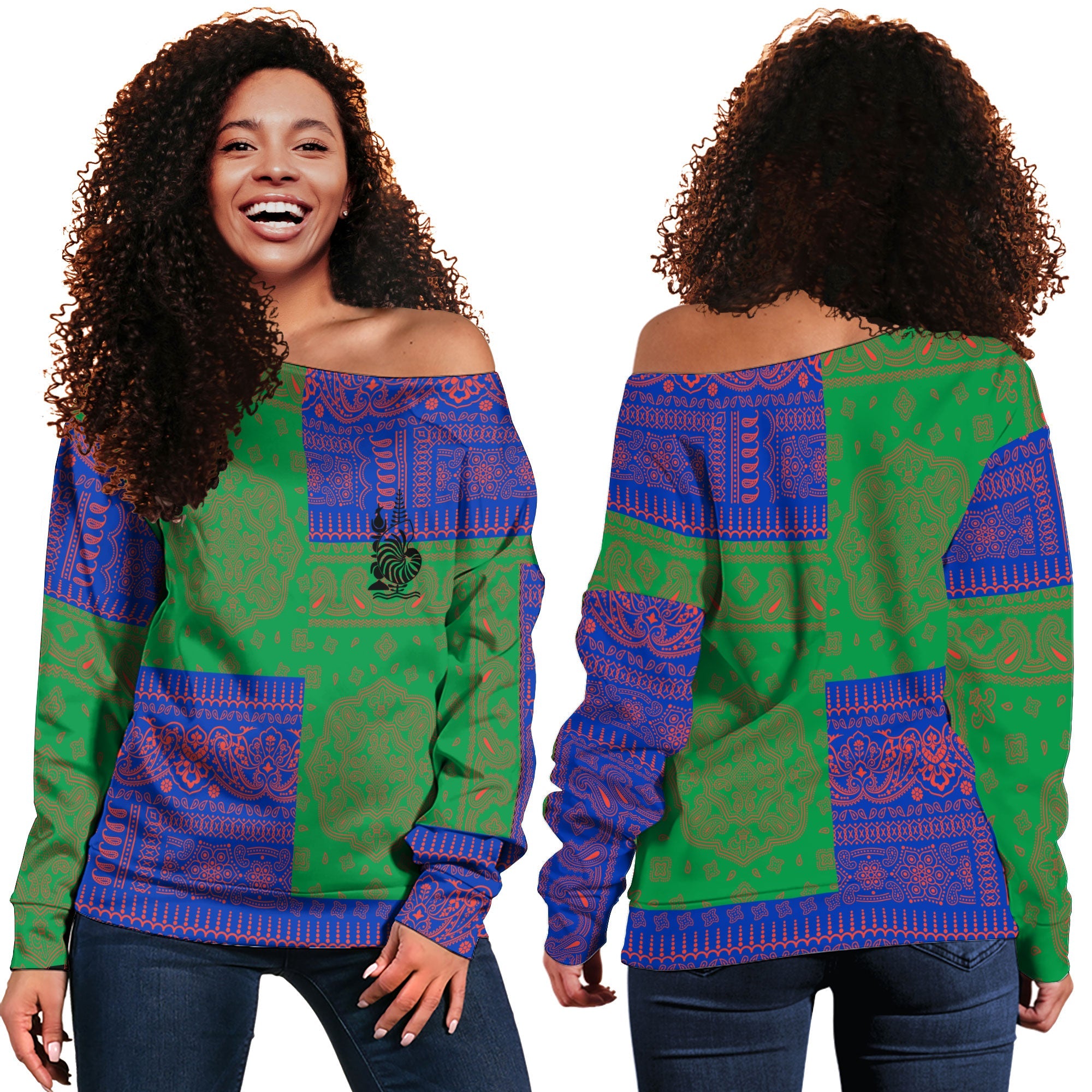 New Caledonia Women Off Shoulder Sweatshirt Flag And Paisley Basic Style 1