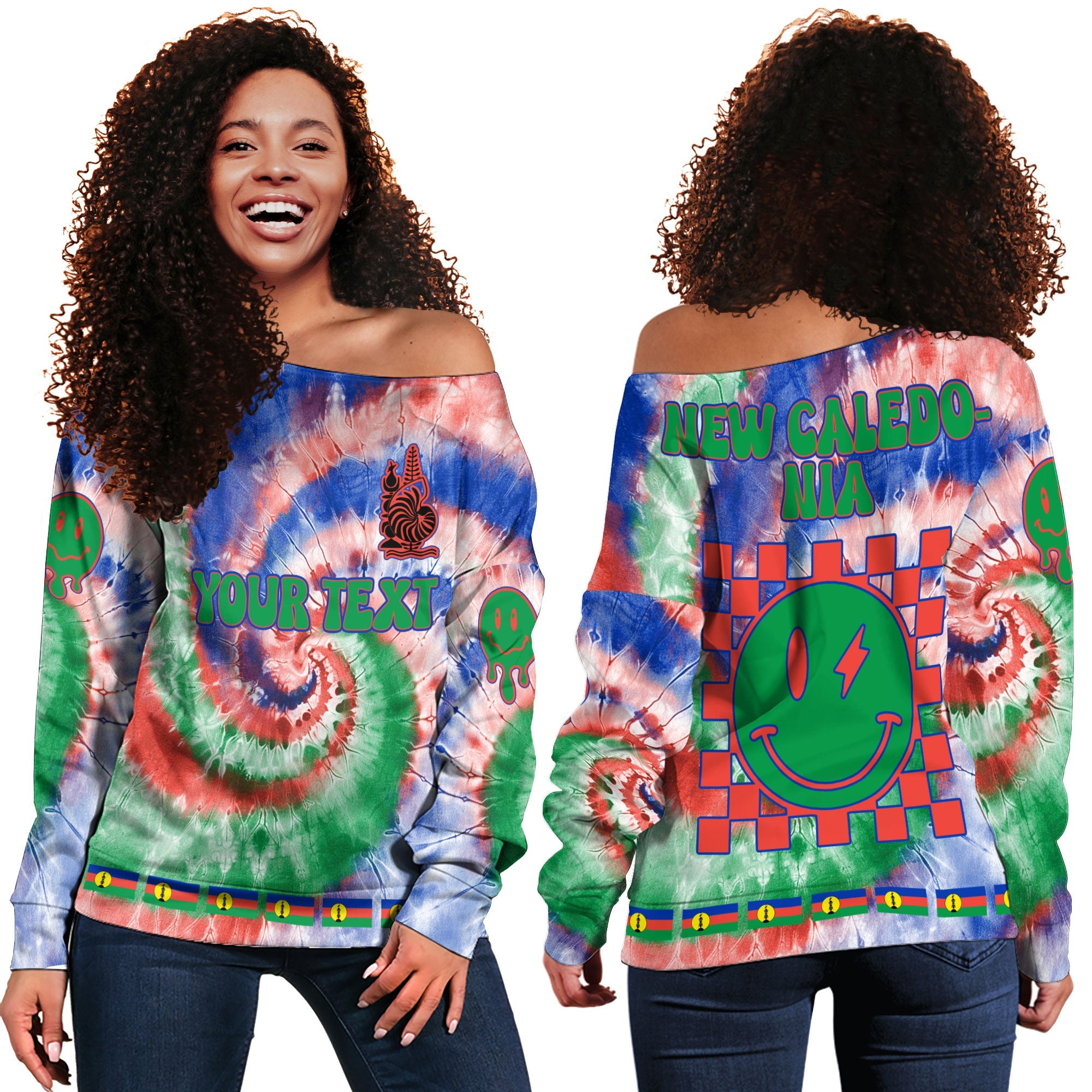 New Caledonia Women Off Shoulder Sweatshirt Custom Tie Dye Style 2