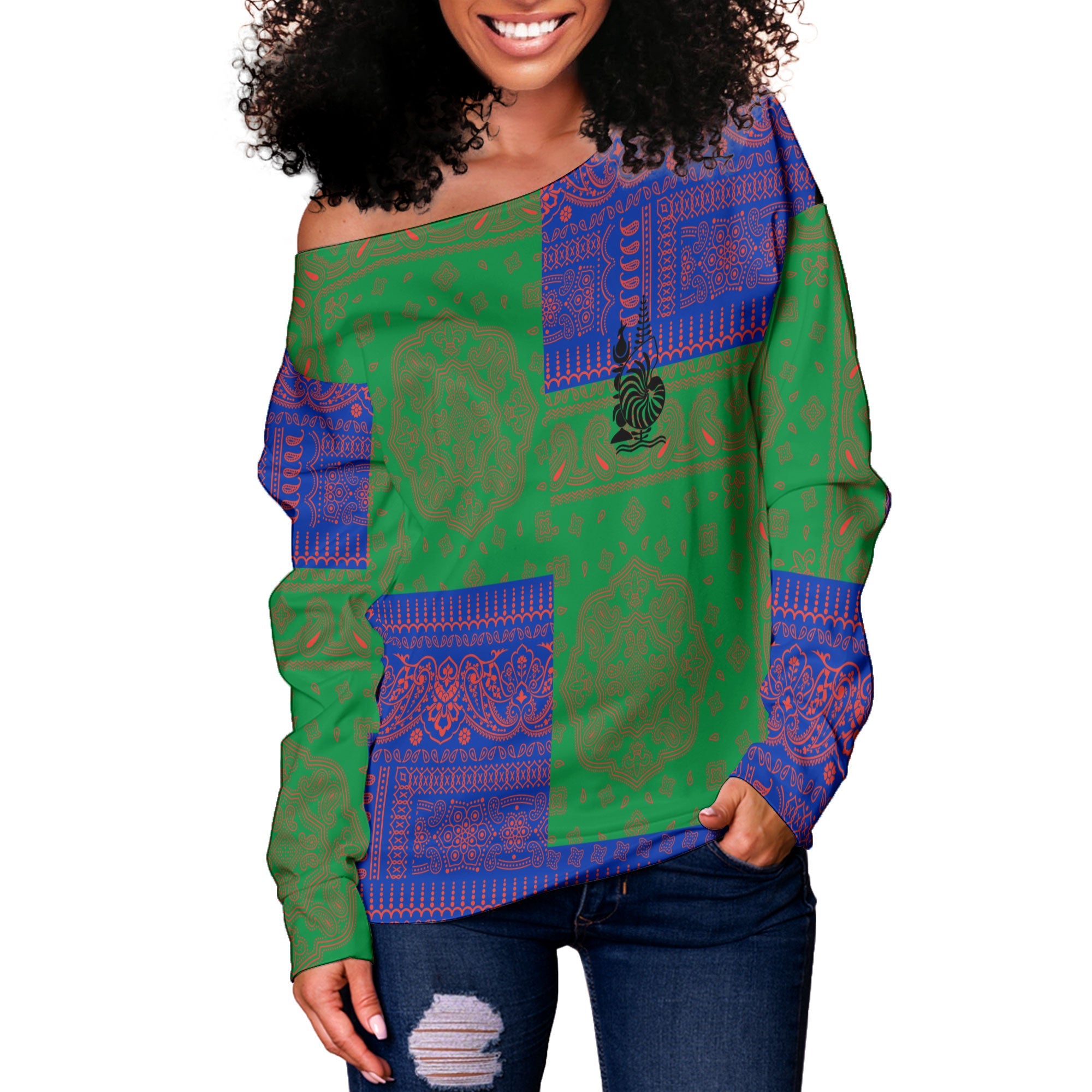 New Caledonia Women Off Shoulder Sweatshirt Flag And Paisley Basic Style 2