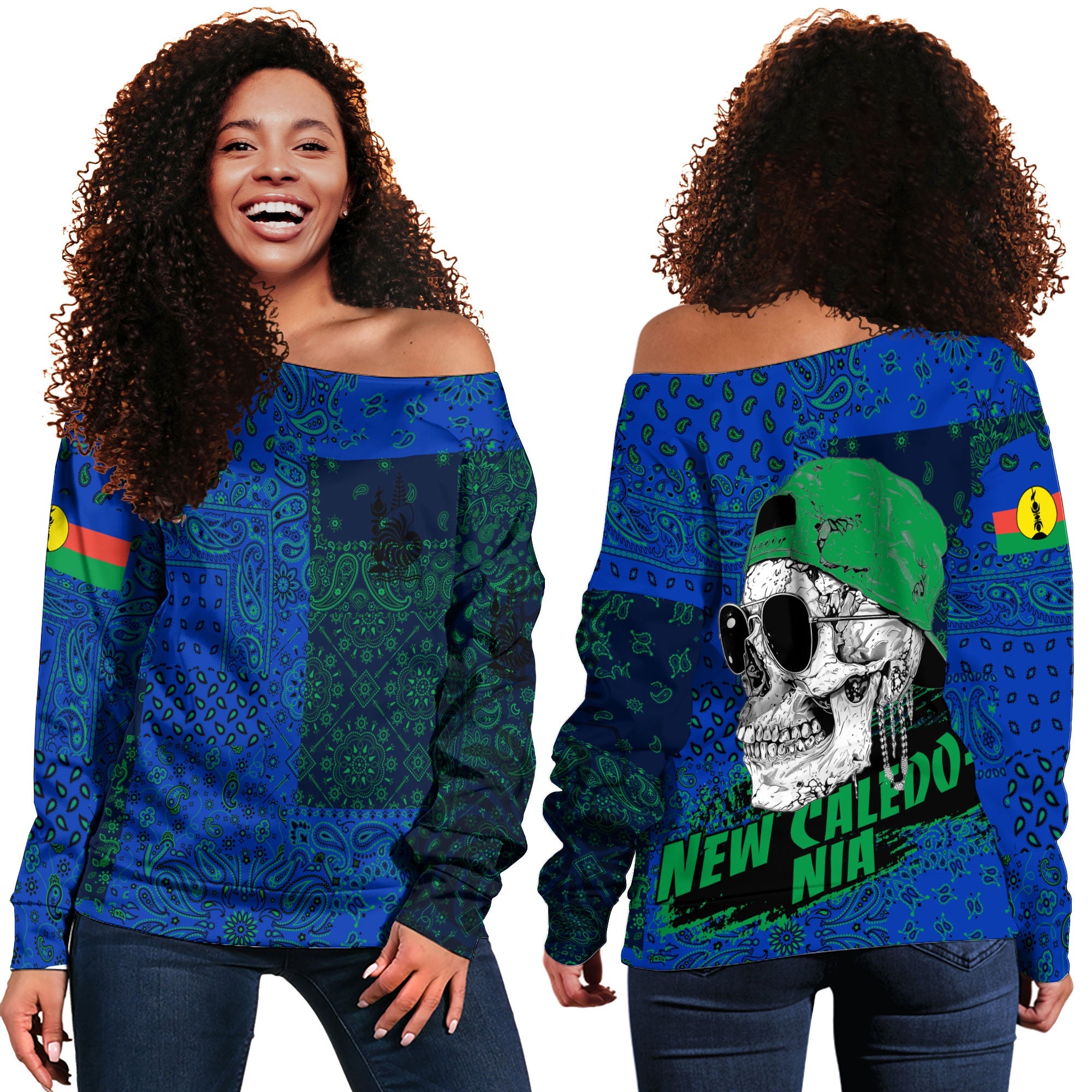 New Caledonia Women Off Shoulder Sweatshirt Paisley Flag And Skull Style 1