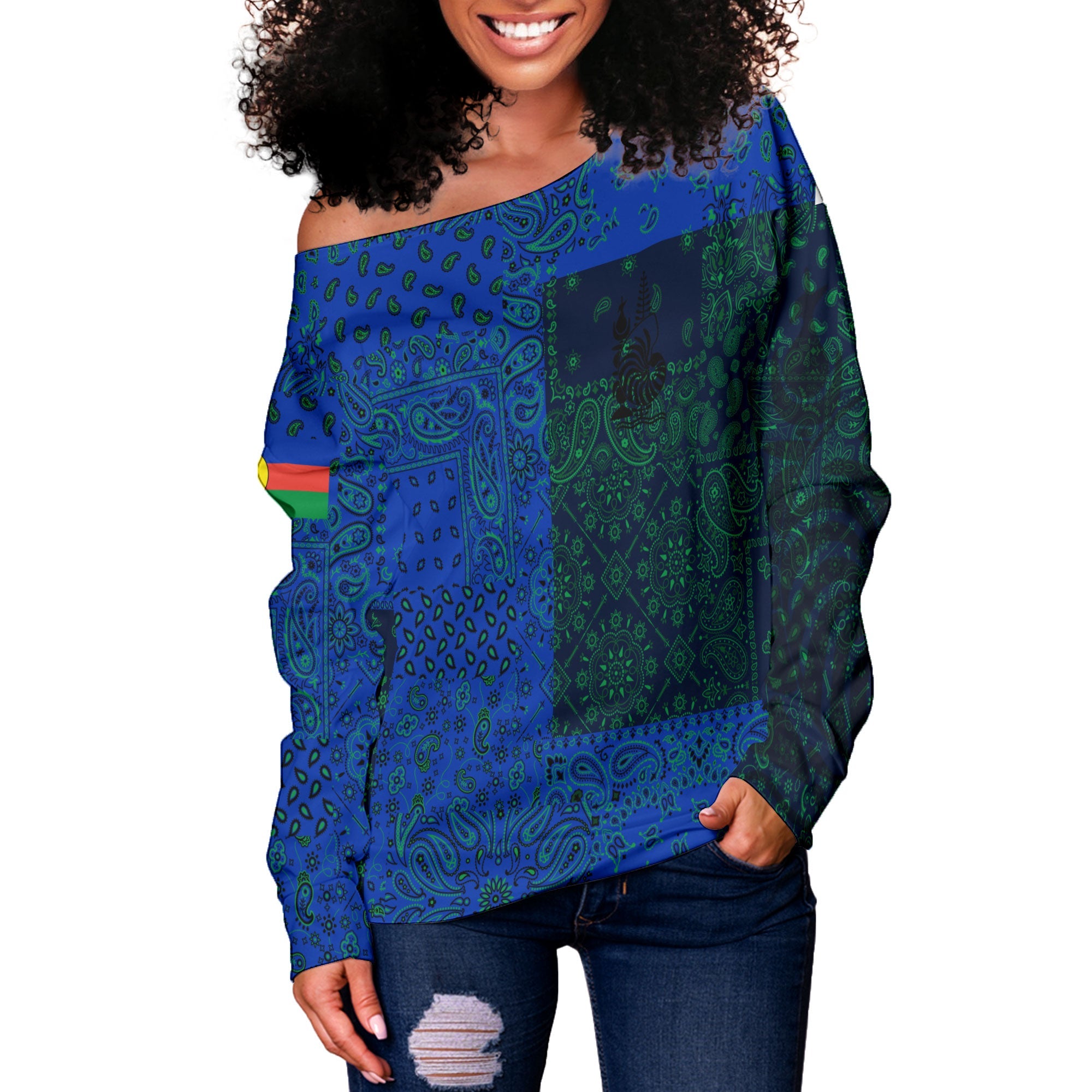 New Caledonia Women Off Shoulder Sweatshirt Paisley Flag And Skull Style 2