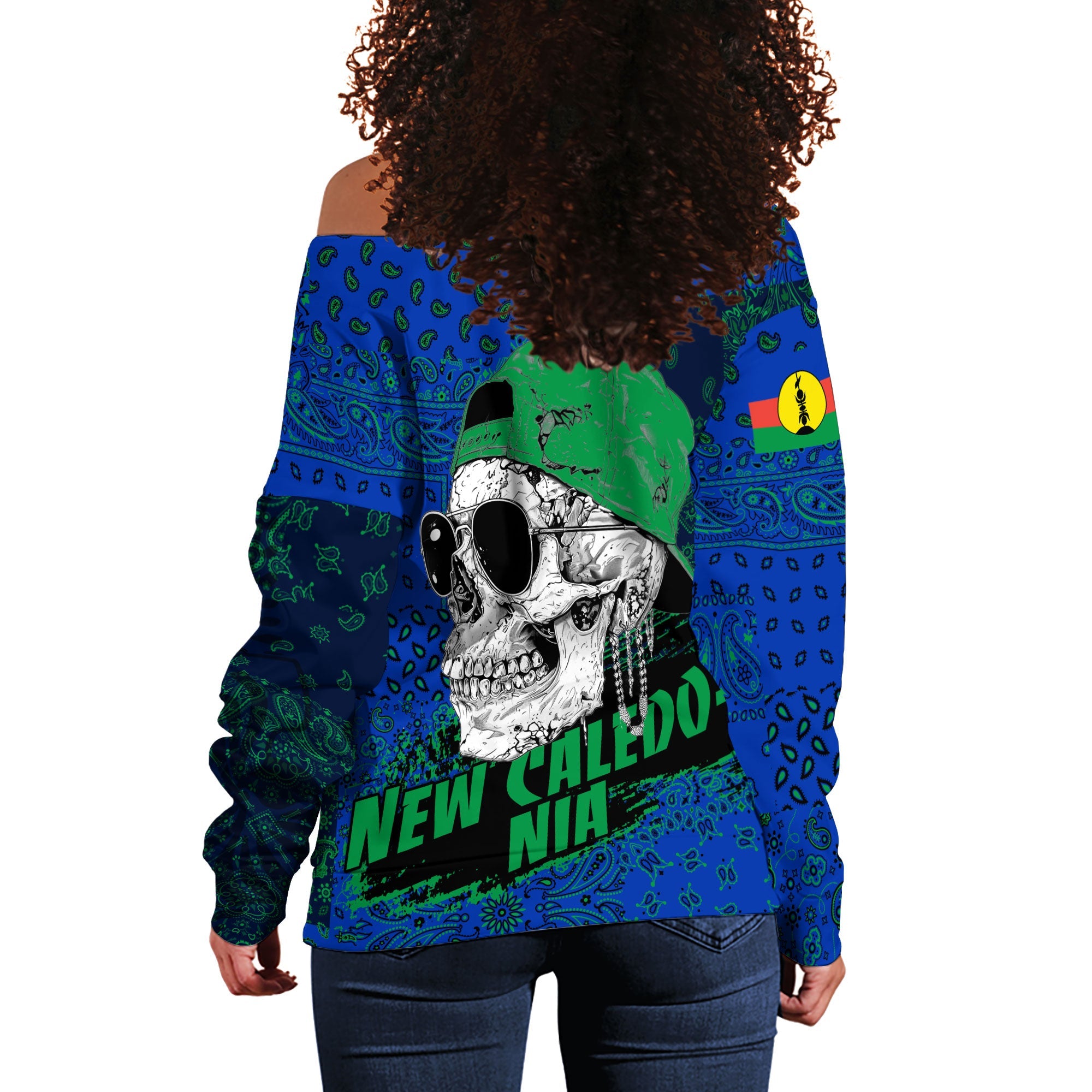 New Caledonia Women Off Shoulder Sweatshirt Paisley Flag And Skull Style 3