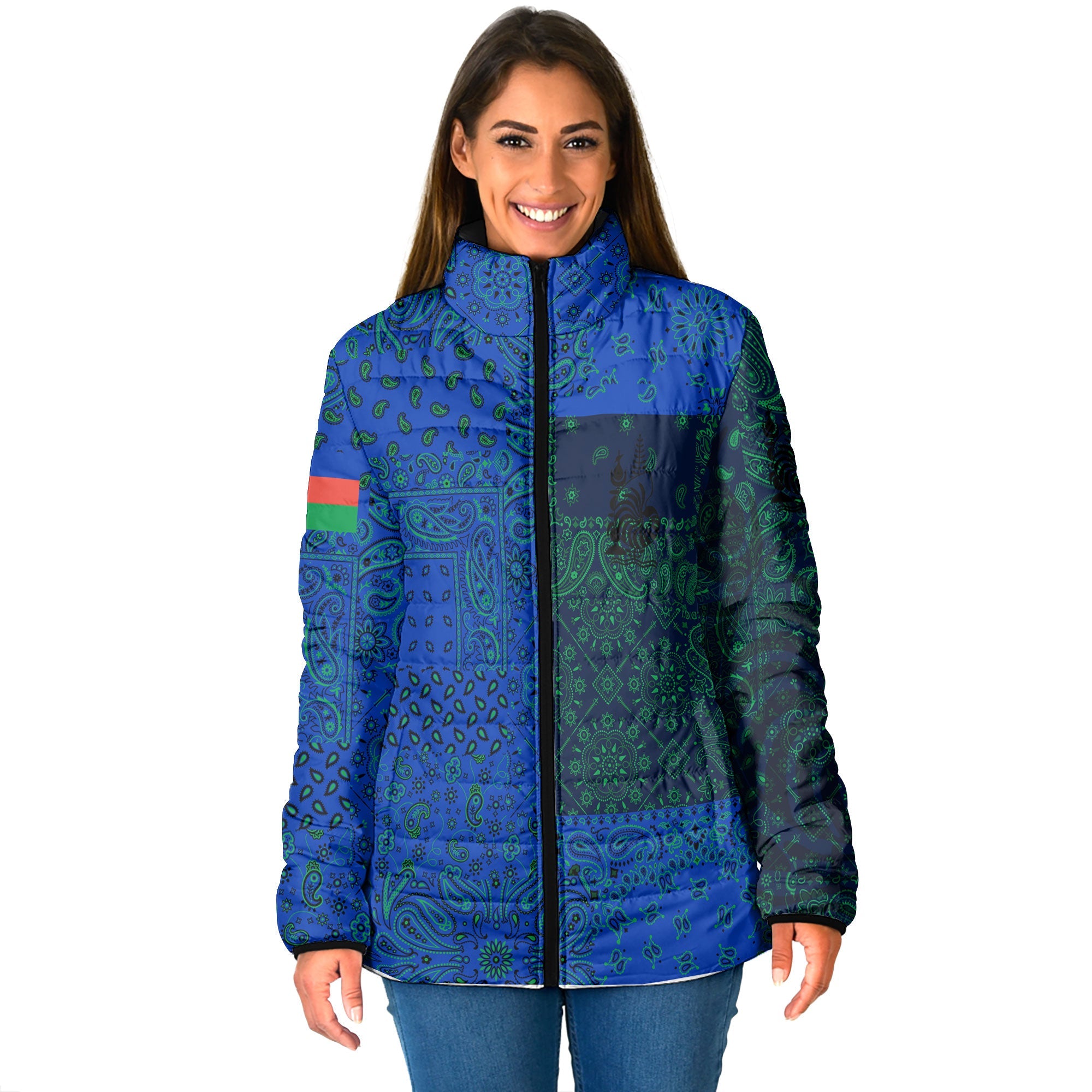 New Caledonia Women Padded Jacket Paisley Flag And Skull Style 1