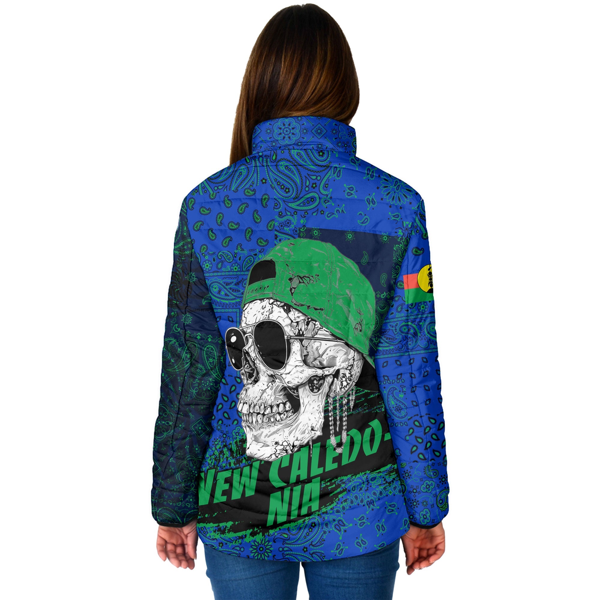 New Caledonia Women Padded Jacket Paisley Flag And Skull Style 2