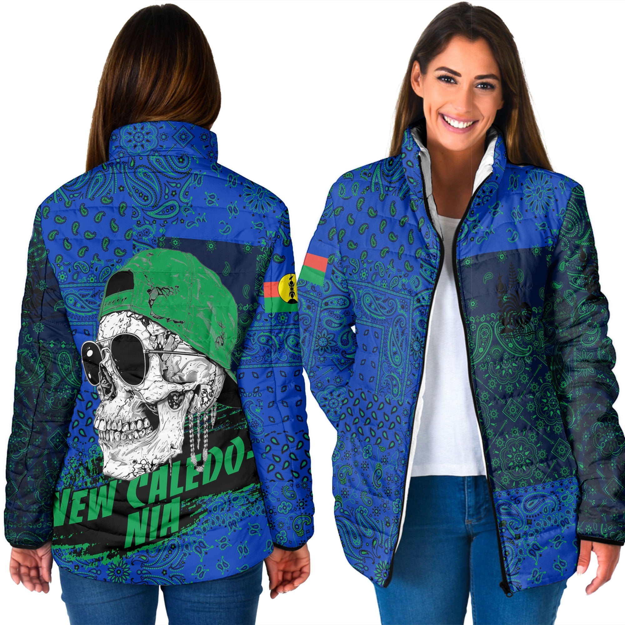 New Caledonia Women Padded Jacket Paisley Flag And Skull Style 3