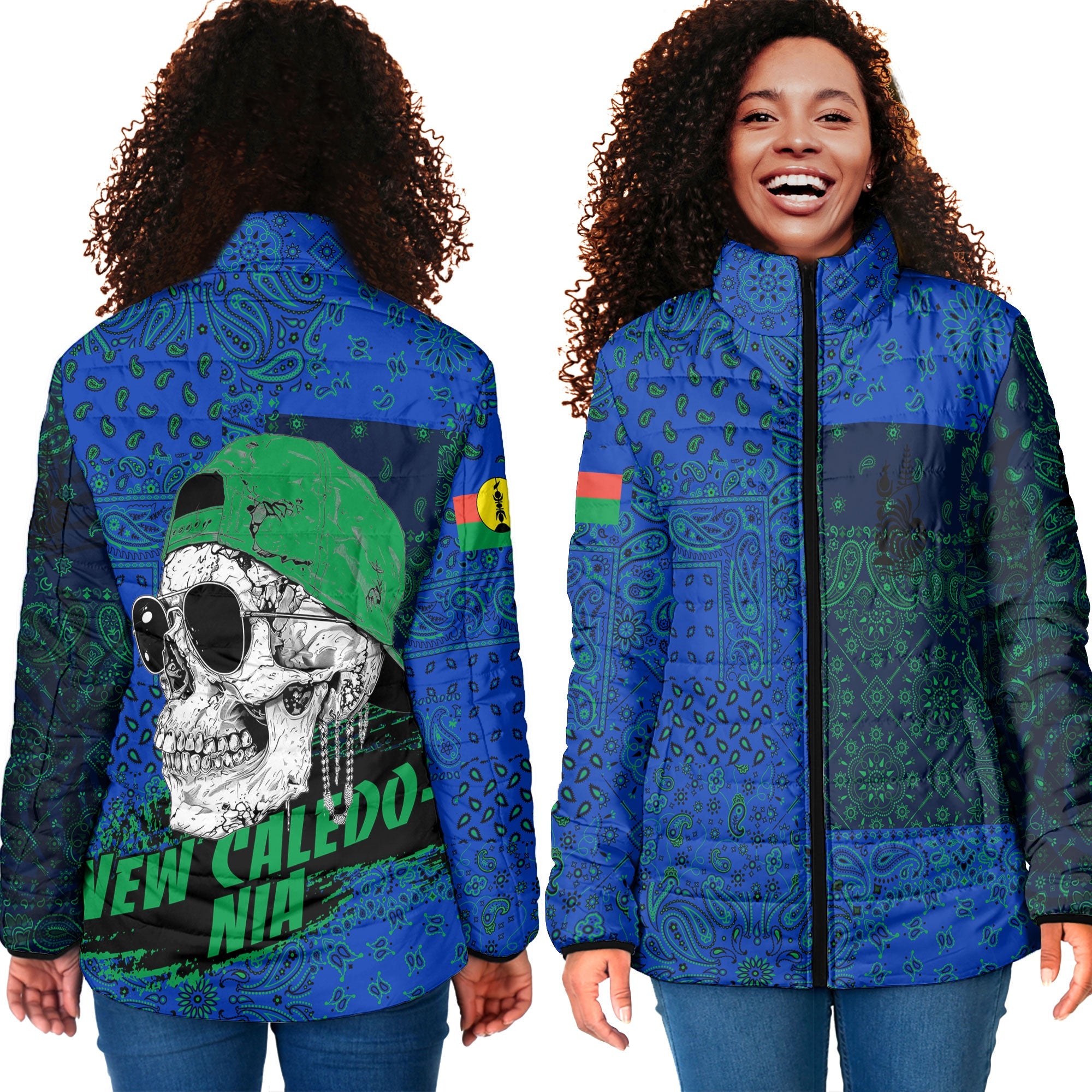 New Caledonia Women Padded Jacket Paisley Flag And Skull Style 4