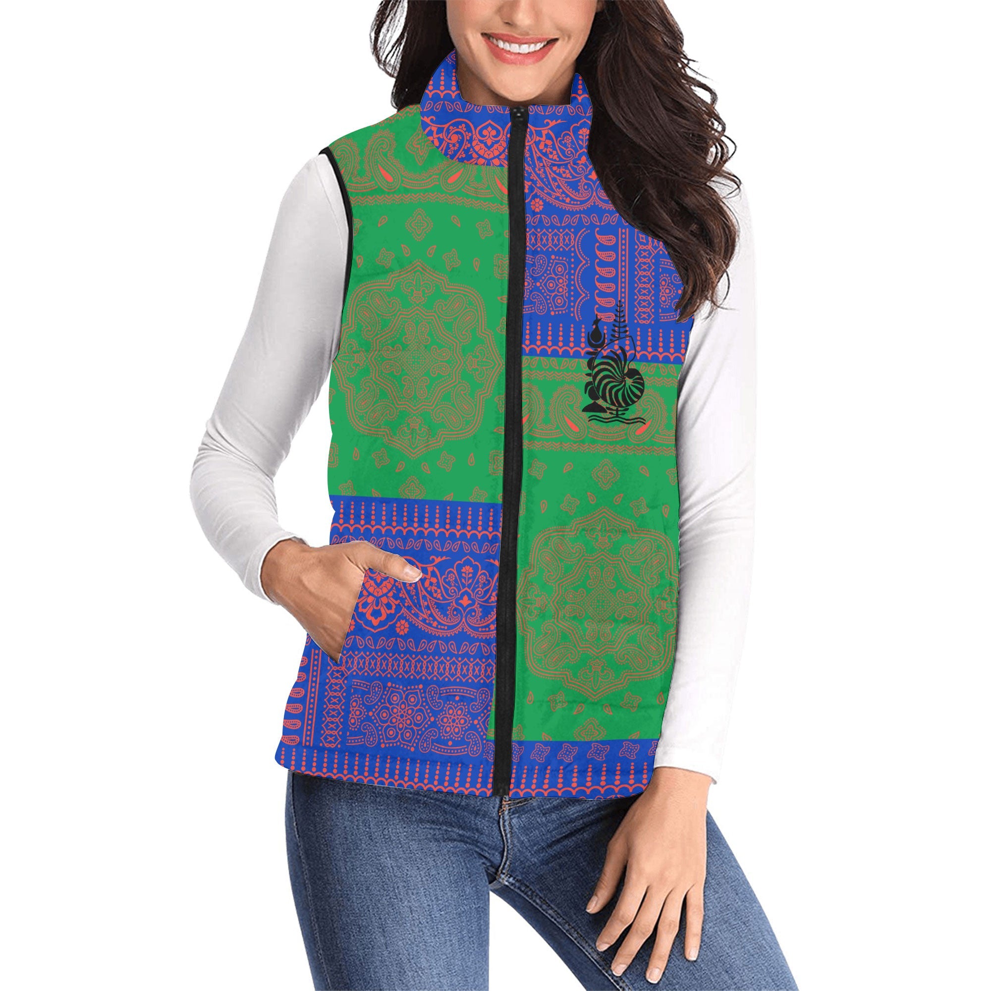 New Caledonia Women Padded Jacket Vest Flag And Paisley Basic Style 1