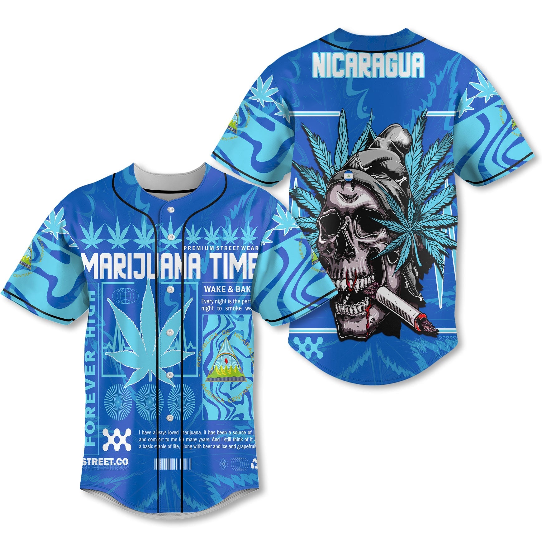 Nicaragua Baseball Jersey Flag & Coat Of Arms Marijuanas Style