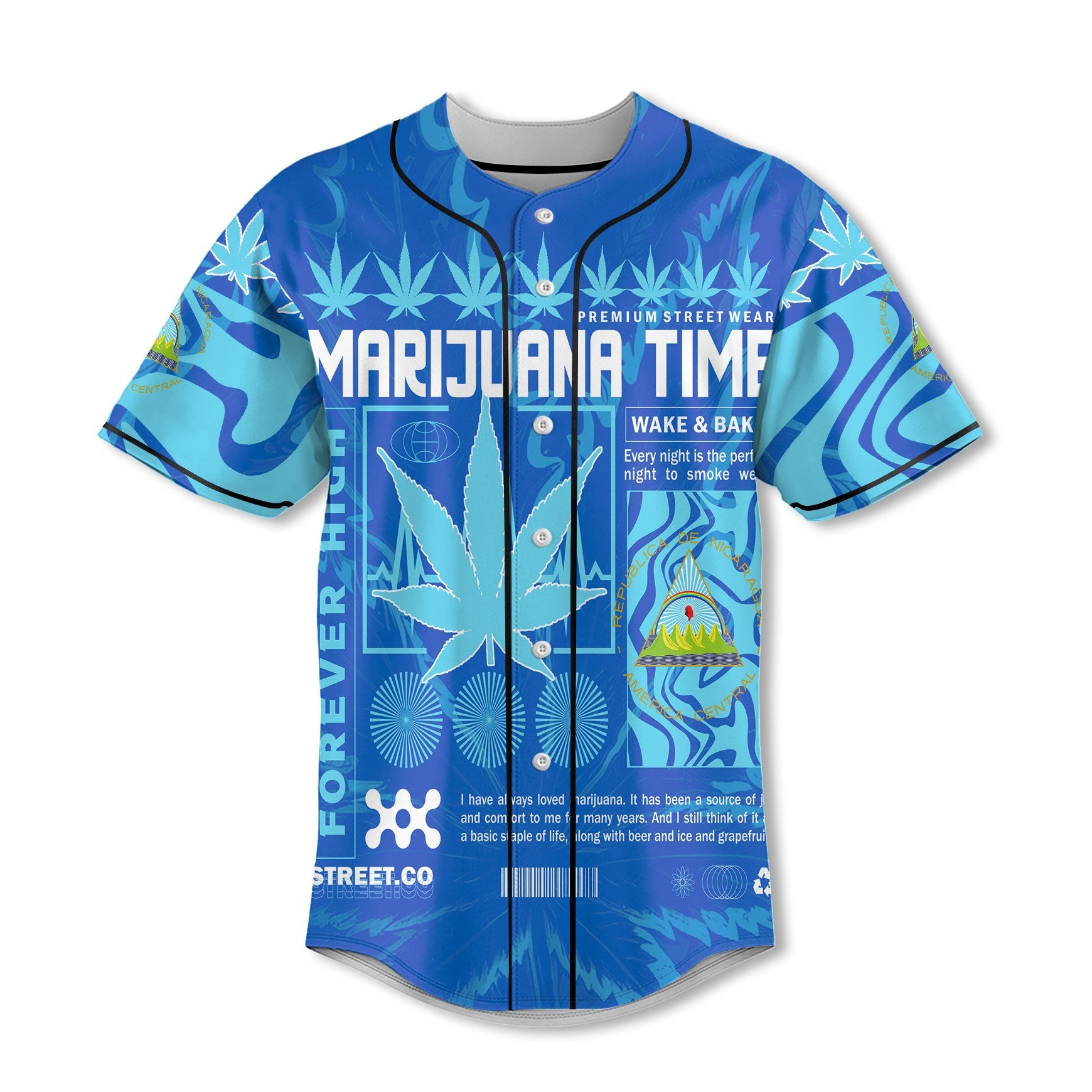 Nicaragua Baseball Jersey Flag & Coat Of Arms Marijuanas Style