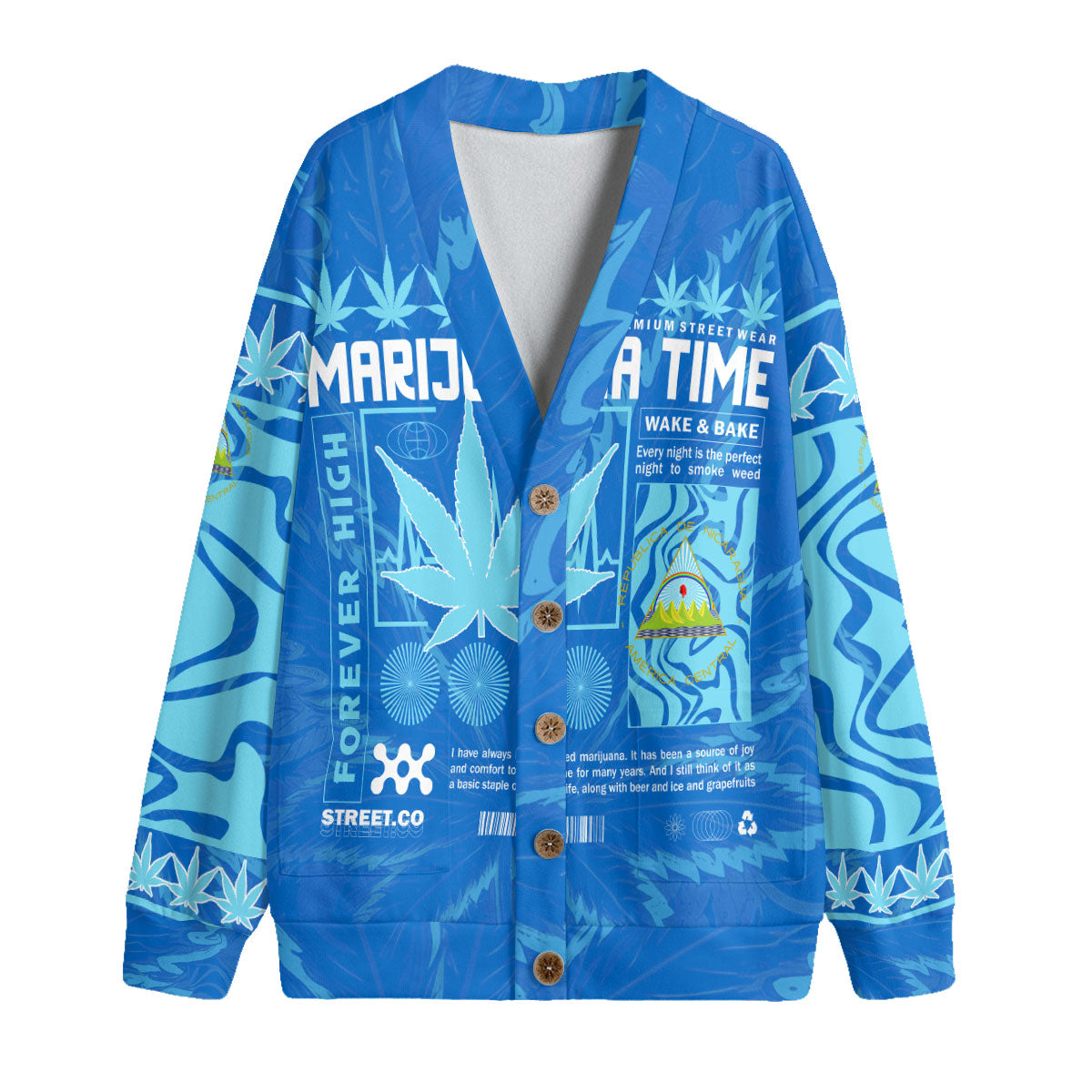 Nicaragua Fleece Cardigan Flag & Coat Of Arms Marijuanas Style