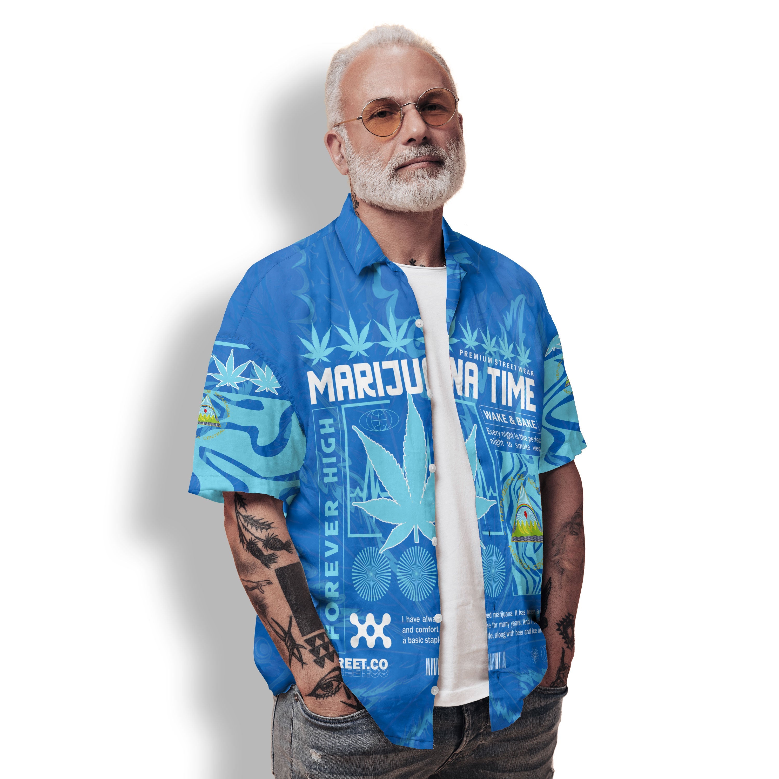 Nicaragua Hawaiian Shirt Flag & Coat Of Arms Marijuanas Style