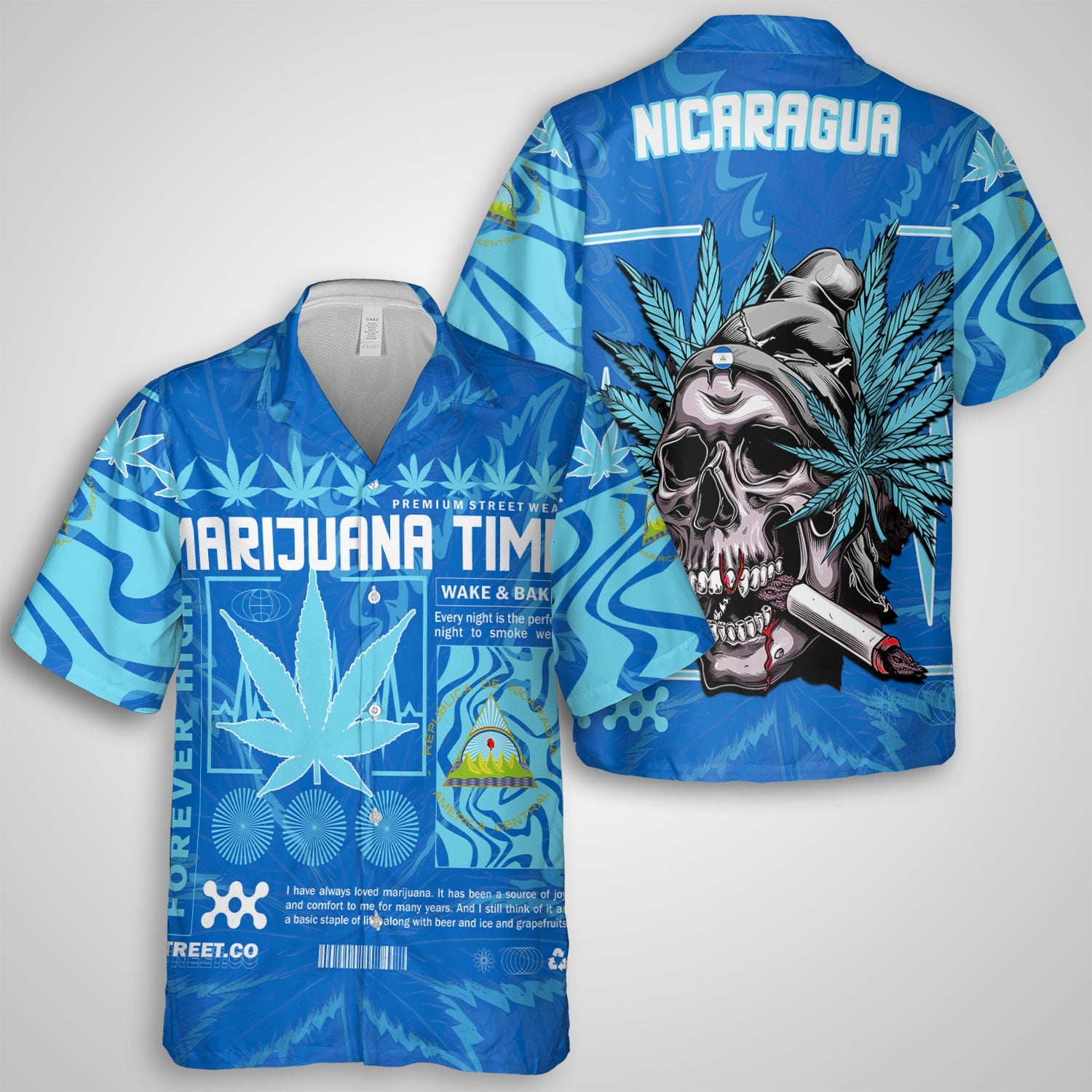 Nicaragua Hawaiian Shirt Flag & Coat Of Arms Marijuanas Style