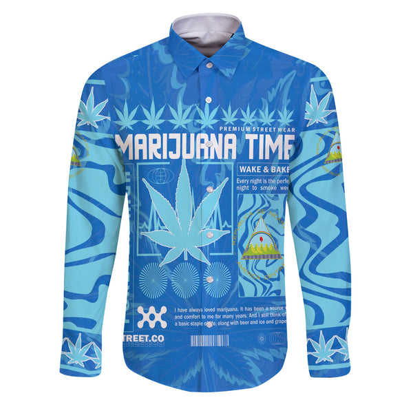 Nicaragua Long Sleeve Button Shirt Flag & Coat Of Arms Marijuanas Style