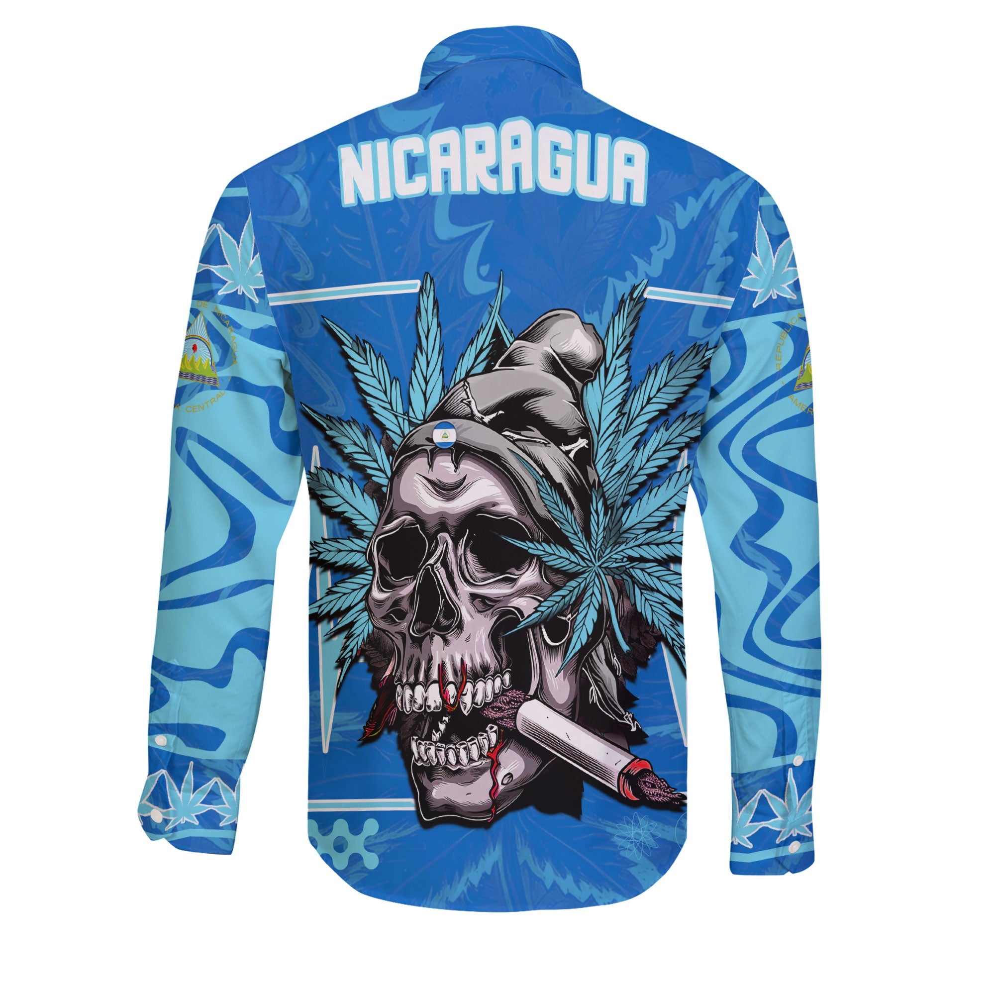 Nicaragua Long Sleeve Button Shirt Flag & Coat Of Arms Marijuanas Style