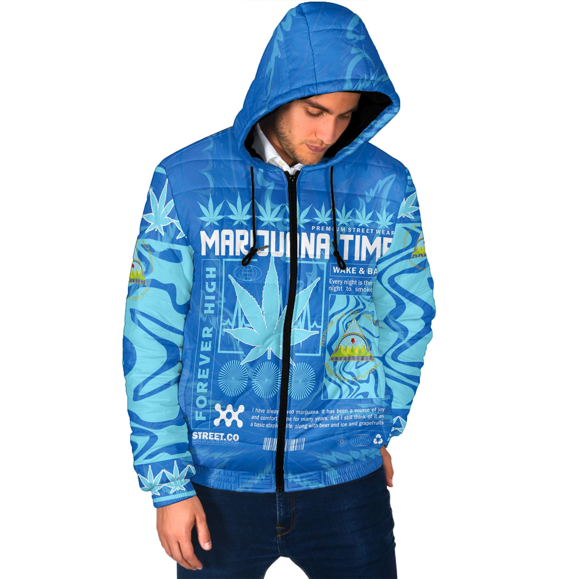 Nicaragua Men Hooded Padded Jacket Flag & Coat Of Arms Marijuanas Style