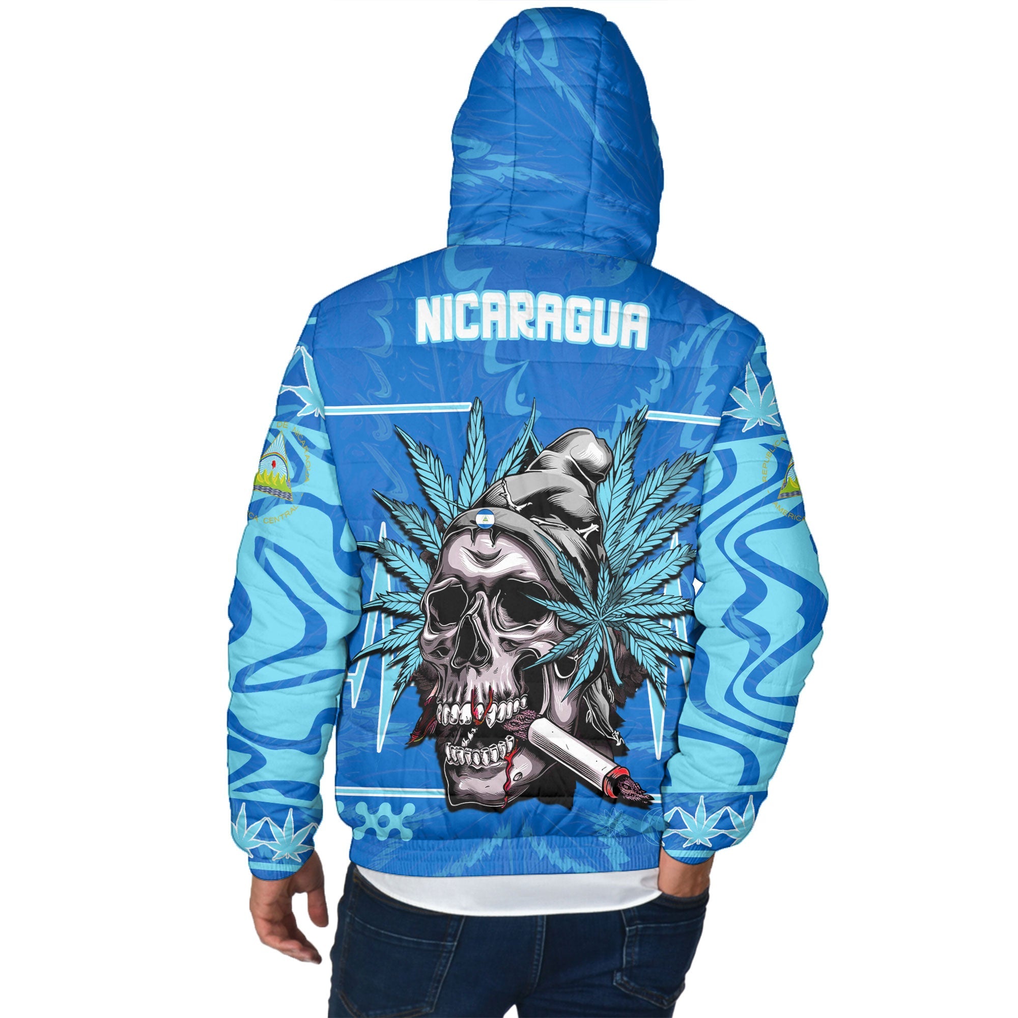 Nicaragua Men Hooded Padded Jacket Flag & Coat Of Arms Marijuanas Style