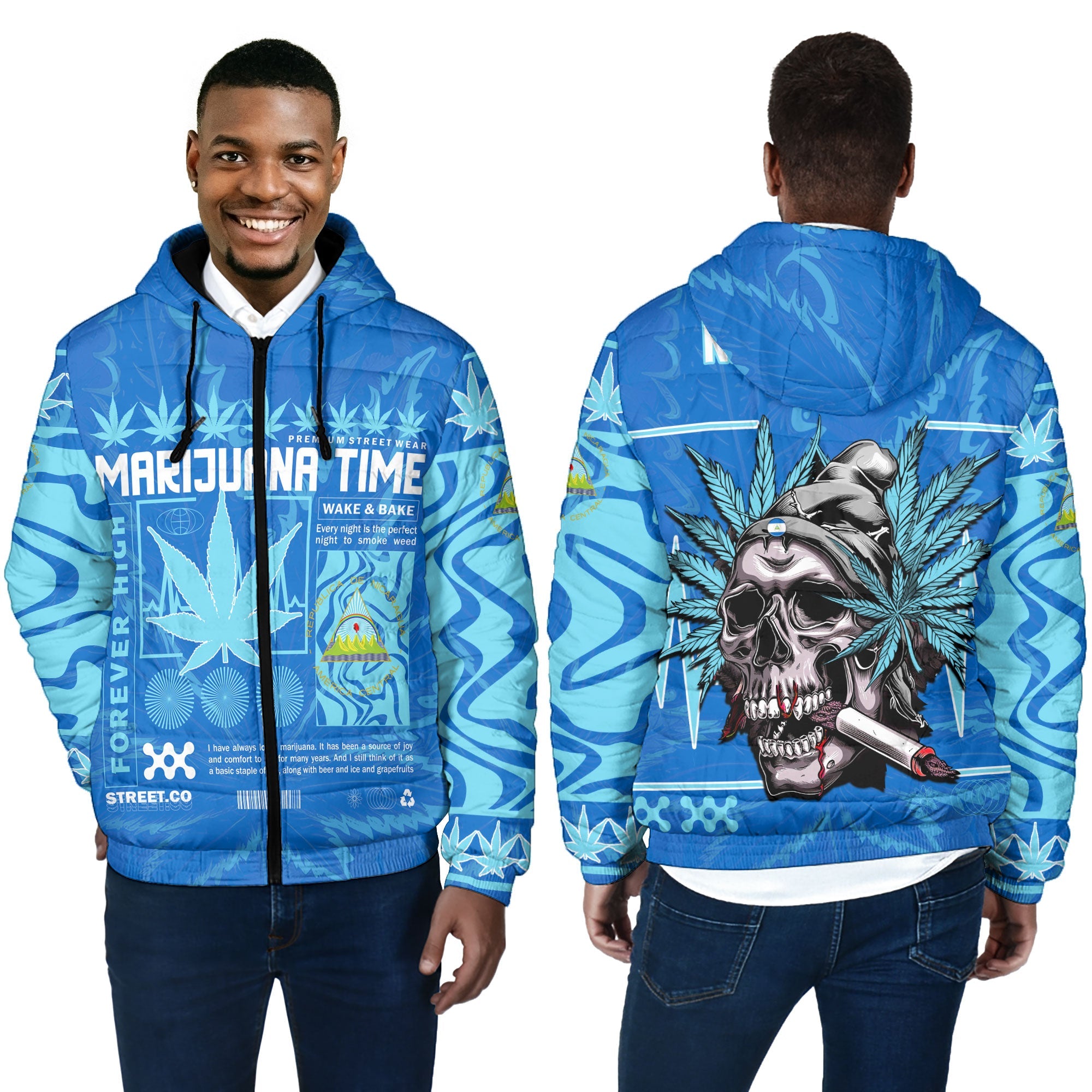 Nicaragua Men Hooded Padded Jacket Flag & Coat Of Arms Marijuanas Style