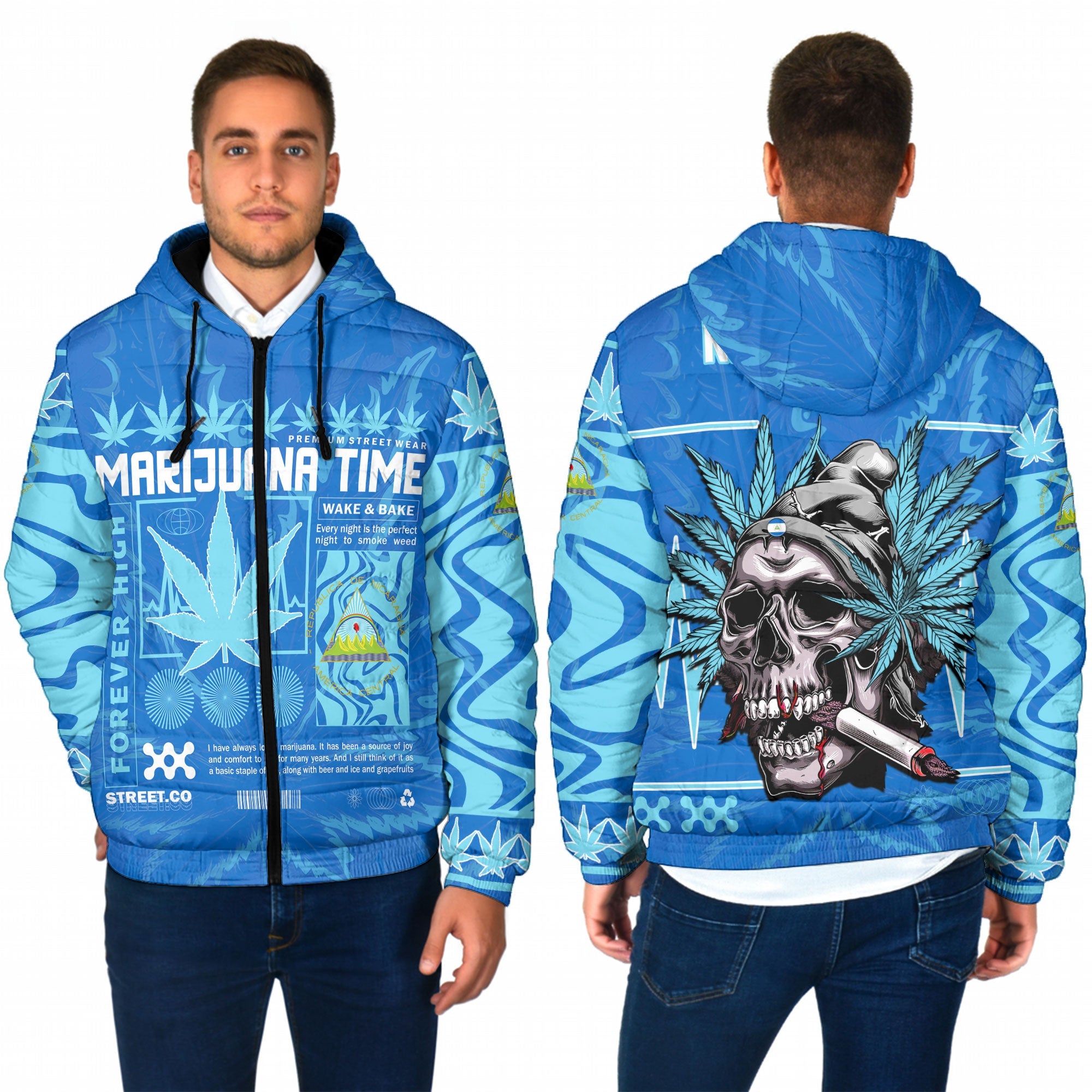 Nicaragua Men Hooded Padded Jacket Flag & Coat Of Arms Marijuanas Style