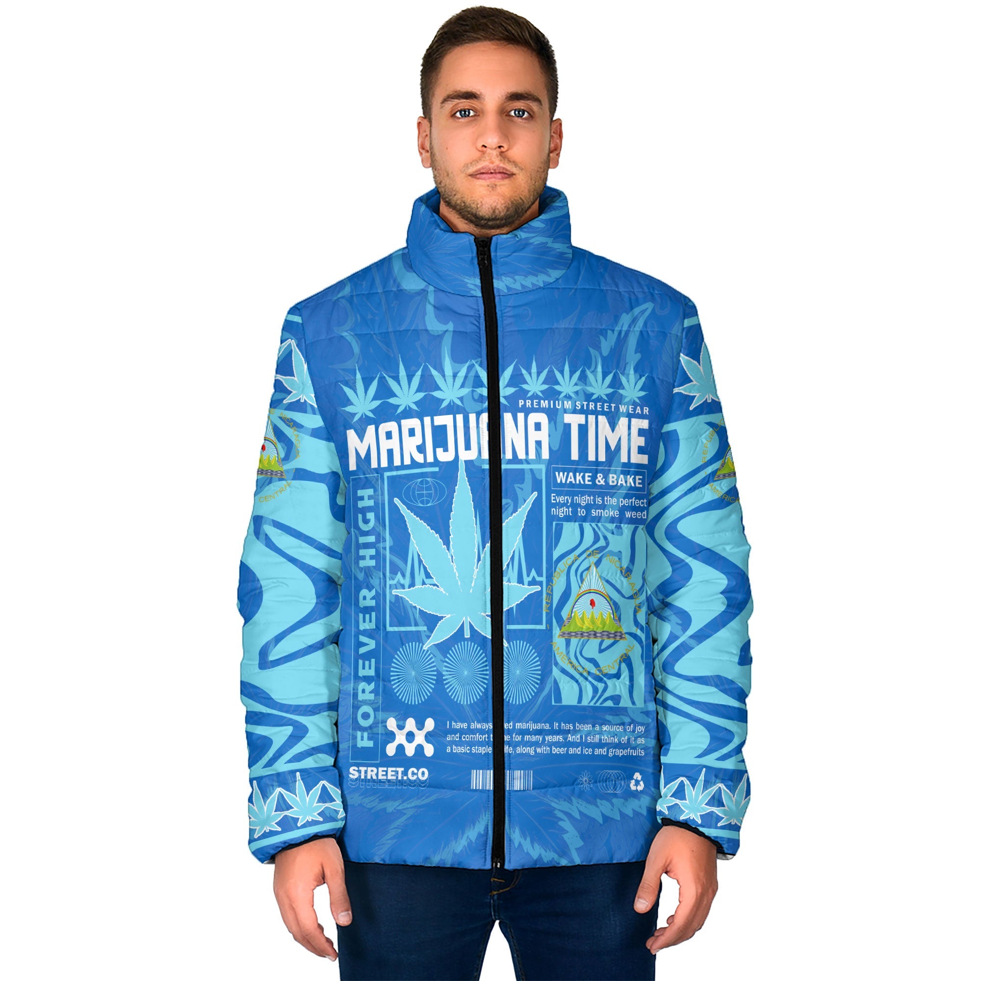 Nicaragua Men Padded Jacket Flag & Coat Of Arms Marijuanas Style