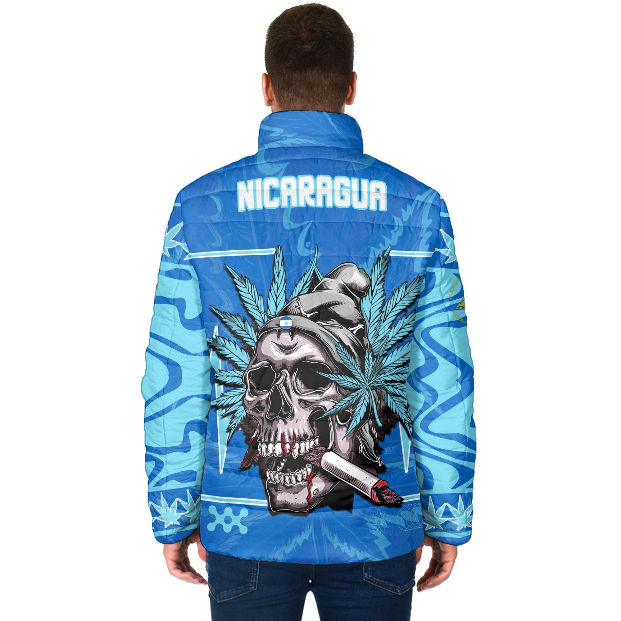 Nicaragua Men Padded Jacket Flag & Coat Of Arms Marijuanas Style