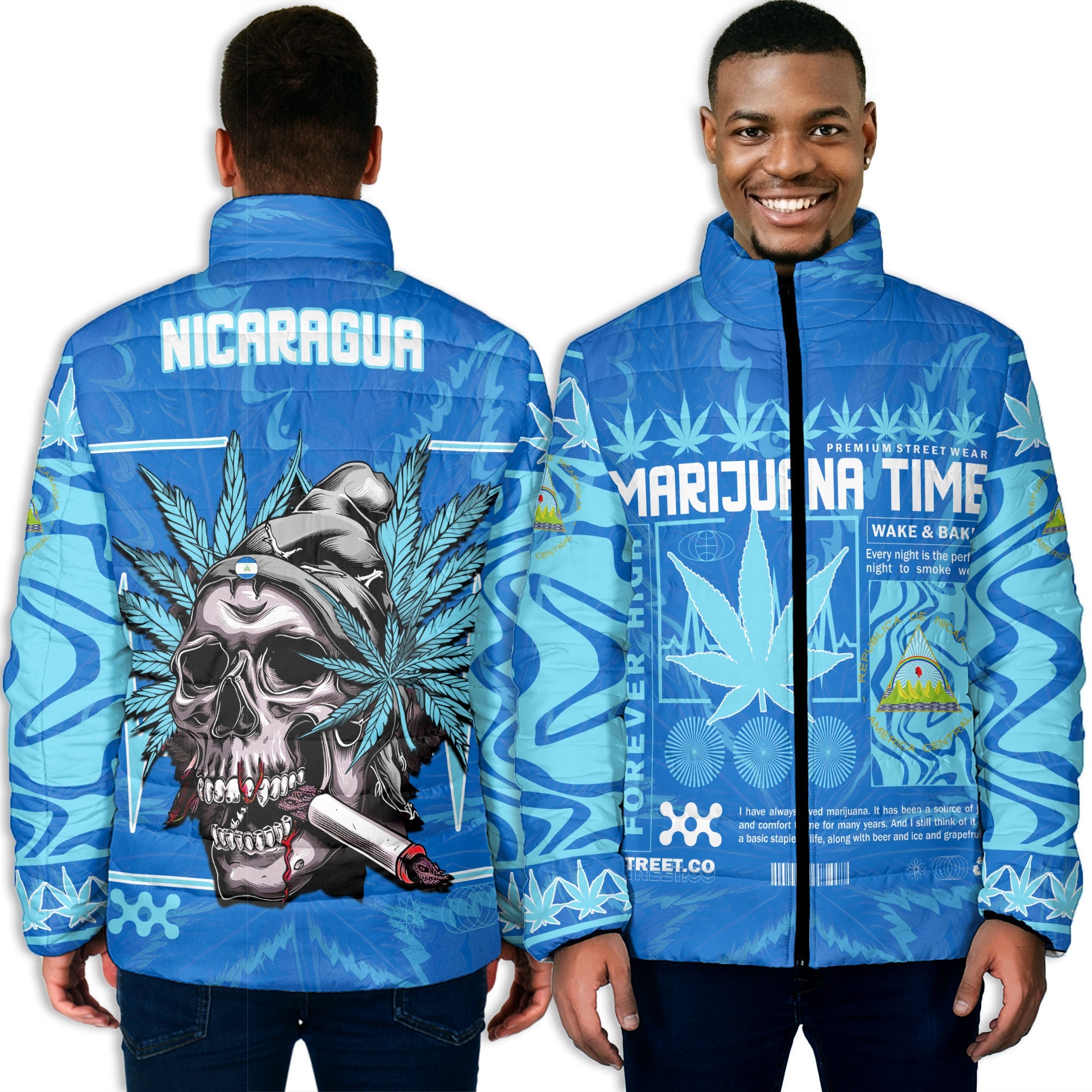 Nicaragua Men Padded Jacket Flag & Coat Of Arms Marijuanas Style