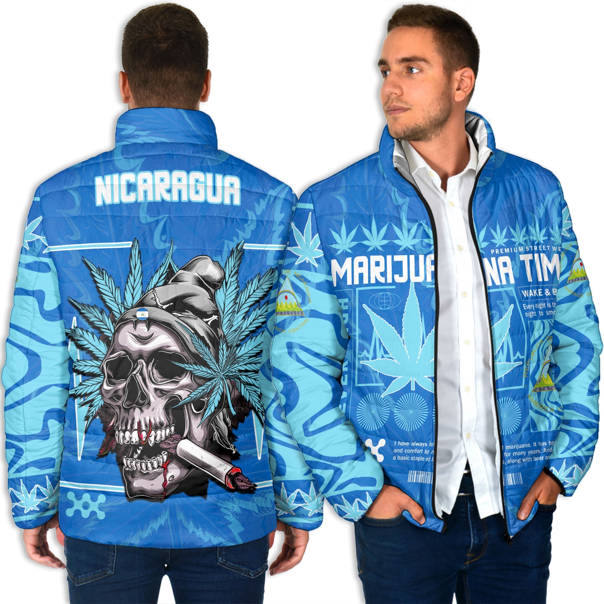 Nicaragua Men Padded Jacket Flag & Coat Of Arms Marijuanas Style