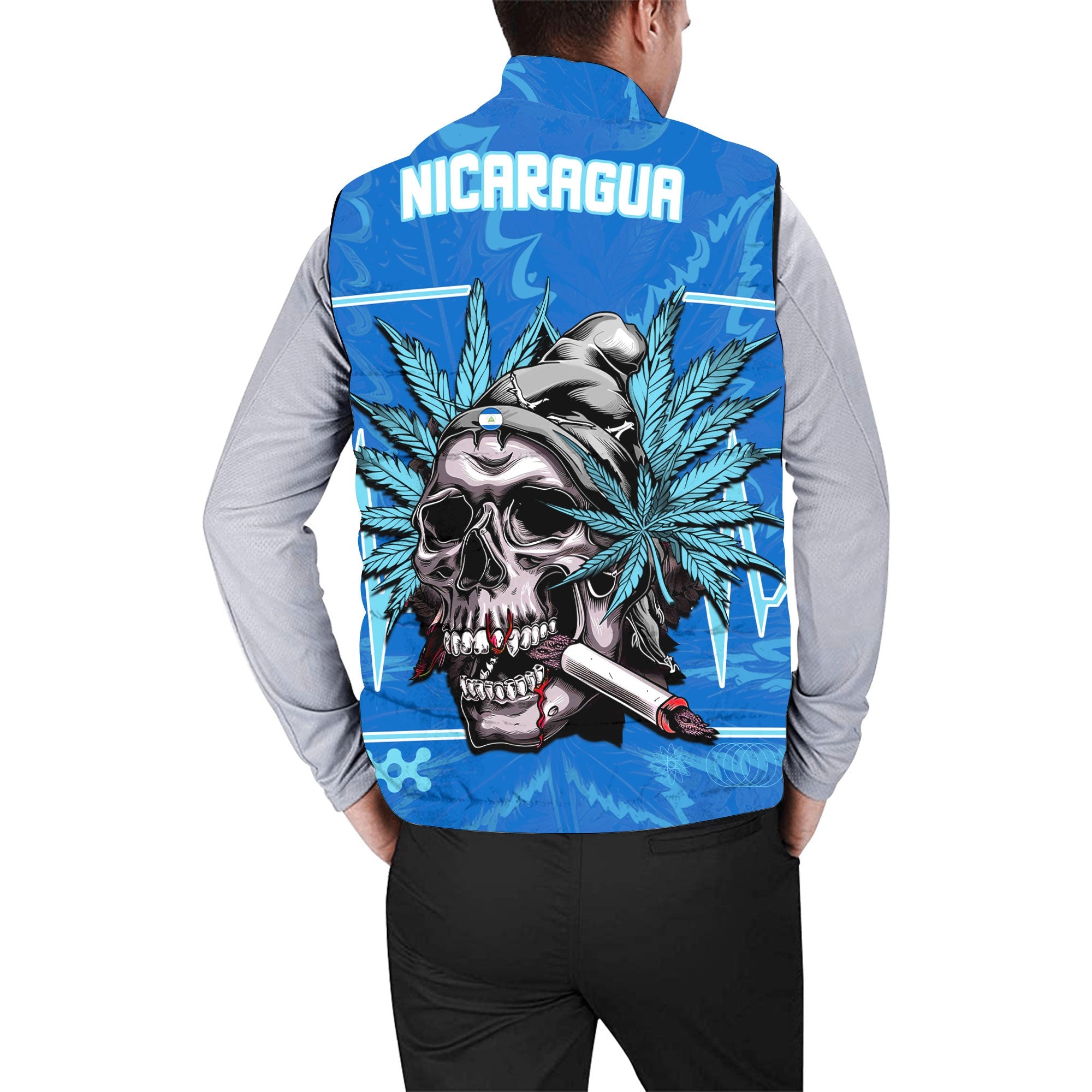 Nicaragua Men Padded Jacket Vest Flag & Coat Of Arms Marijuanas Style