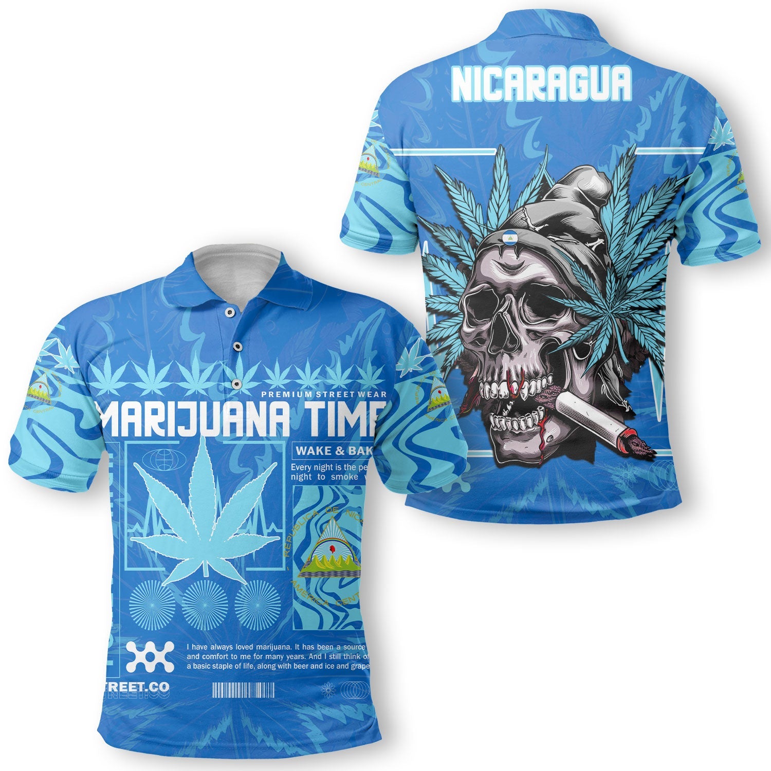 Nicaragua Polo Shirt Flag & Coat Of Arms Marijuanas Style