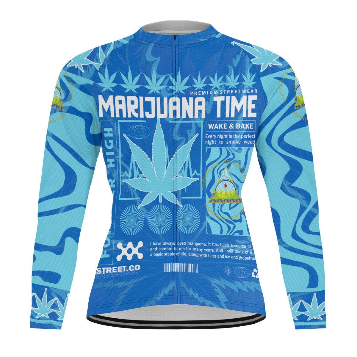 Nicaragua Men's Cycling Jersey Long Sleeve Flag & Coat Of Arms Marijuanas Style