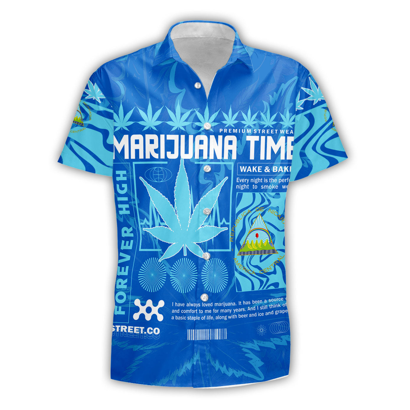 Nicaragua Short Sleeve Shirt Flag & Coat Of Arms Marijuanas Style