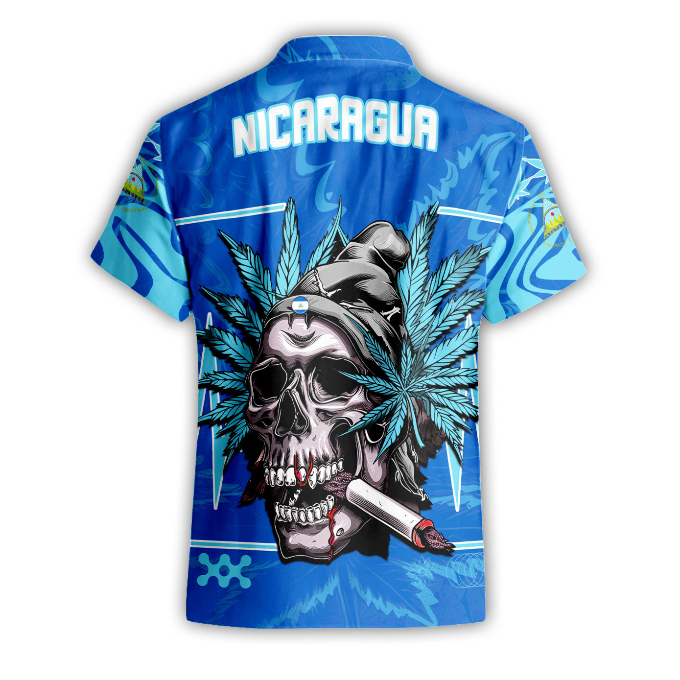 Nicaragua Short Sleeve Shirt Flag & Coat Of Arms Marijuanas Style