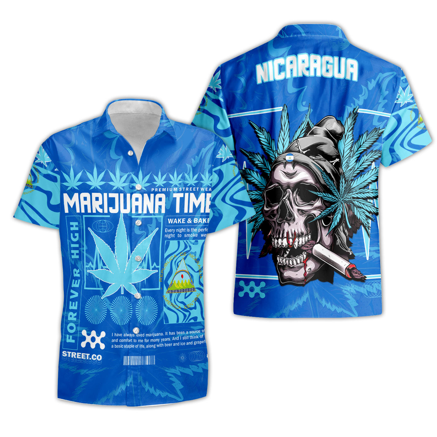 Nicaragua Short Sleeve Shirt Flag & Coat Of Arms Marijuanas Style