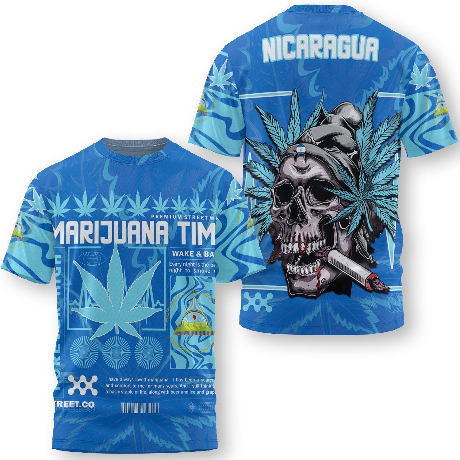 Nicaragua T Shirt Flag & Coat Of Arms Marijuanas Style