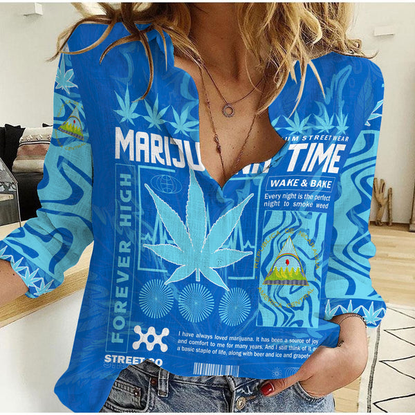 Nicaragua Women Casual Shirt Flag & Coat Of Arms Marijuanas Style