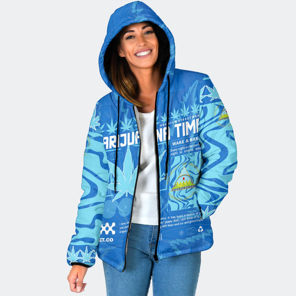 Nicaragua Women Hooded Padded Jacket Flag & Coat Of Arms Marijuanas Style