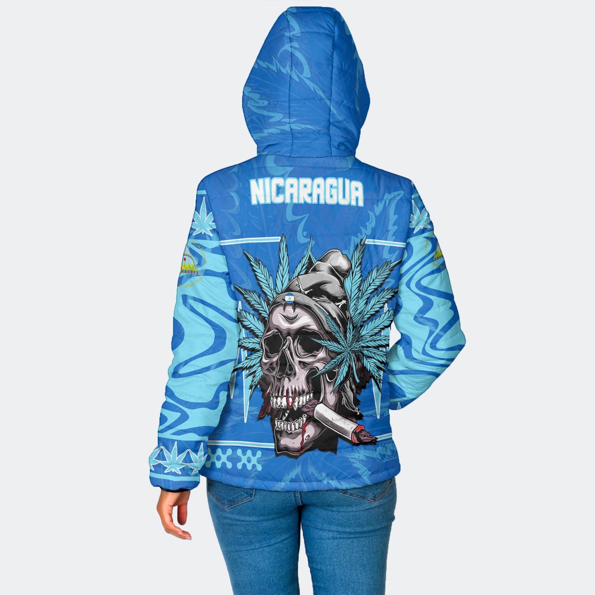 Nicaragua Women Hooded Padded Jacket Flag & Coat Of Arms Marijuanas Style