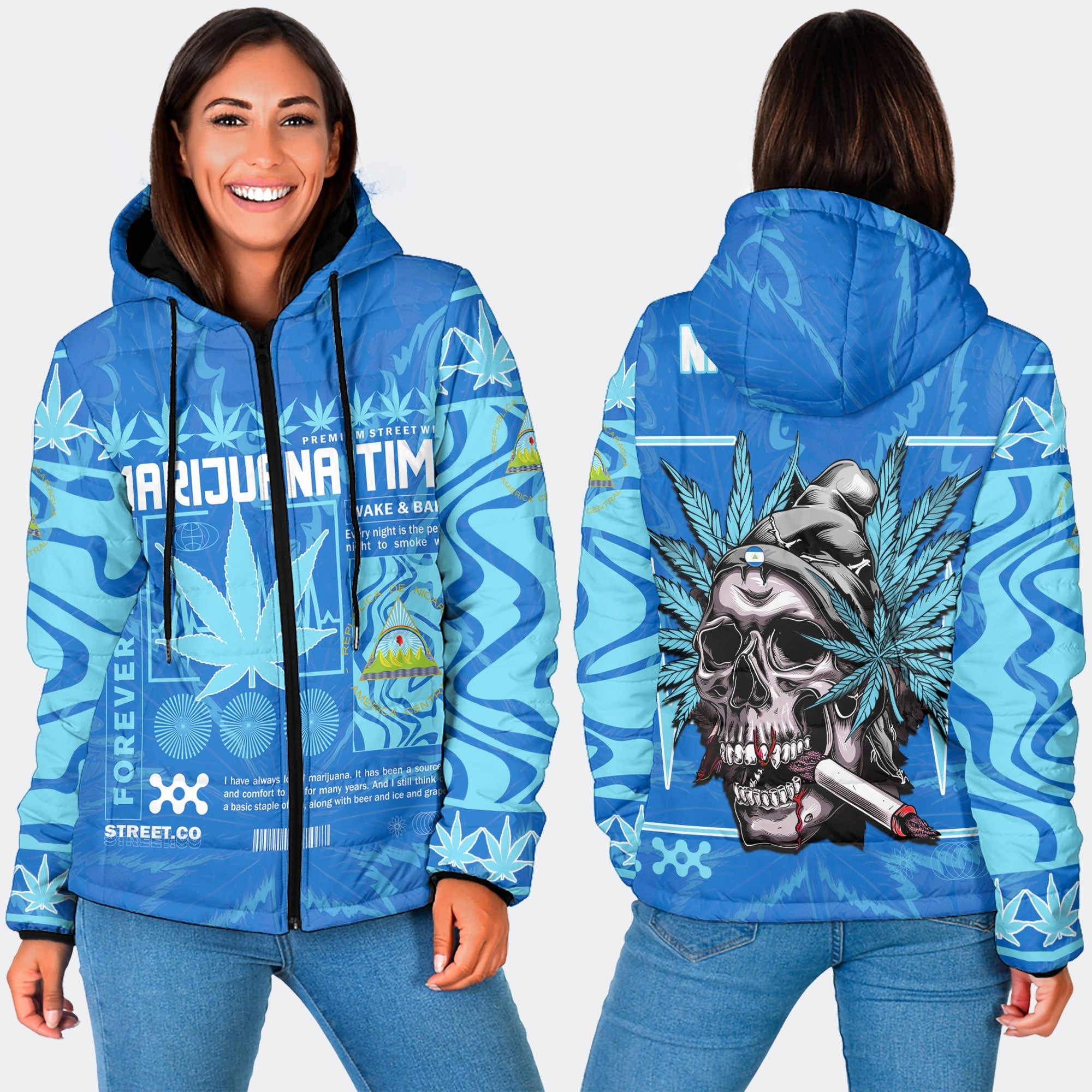 Nicaragua Women Hooded Padded Jacket Flag & Coat Of Arms Marijuanas Style