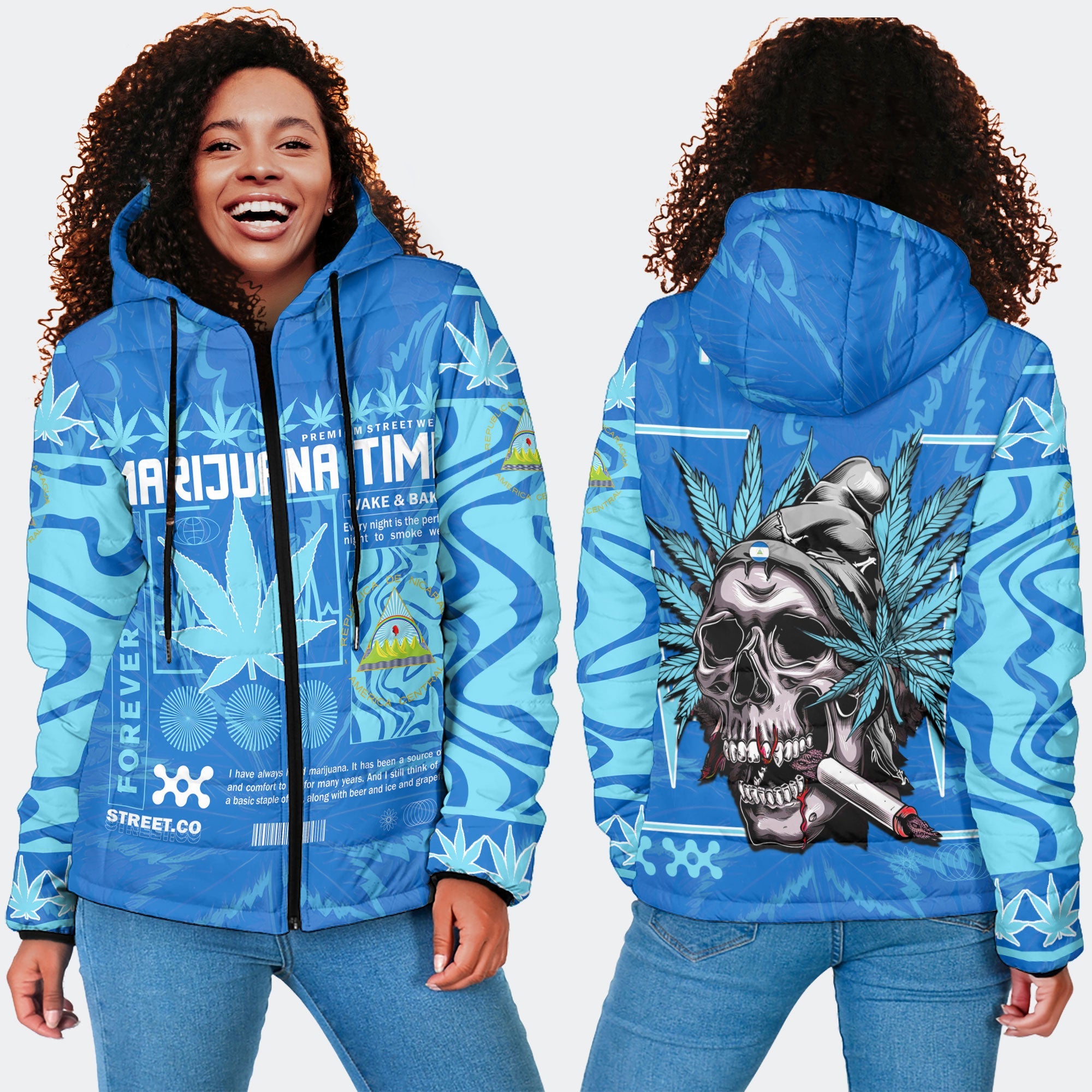 Nicaragua Women Hooded Padded Jacket Flag & Coat Of Arms Marijuanas Style