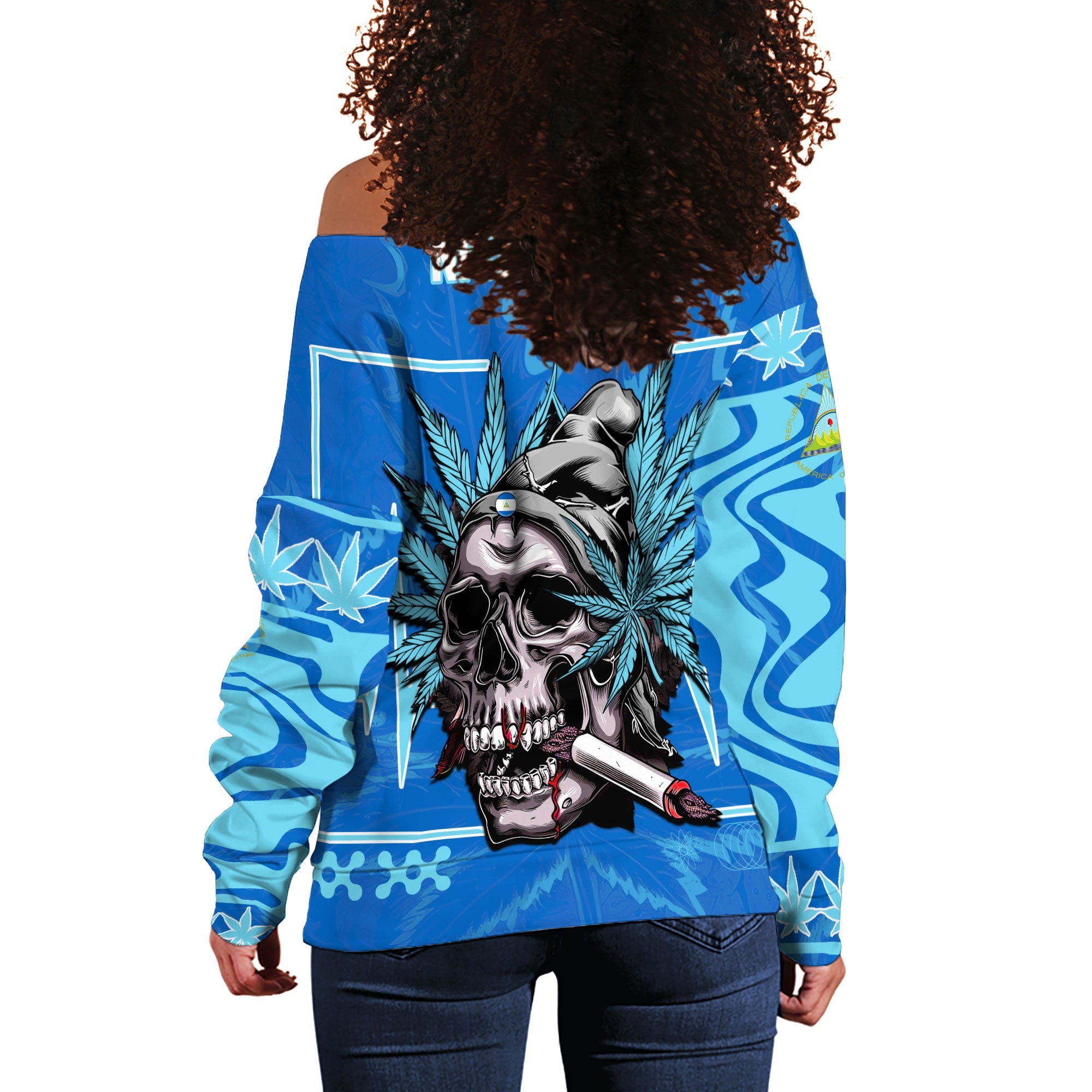 Nicaragua Women Off Shoulder Sweatshirt Flag & Coat Of Arms Marijuanas Style