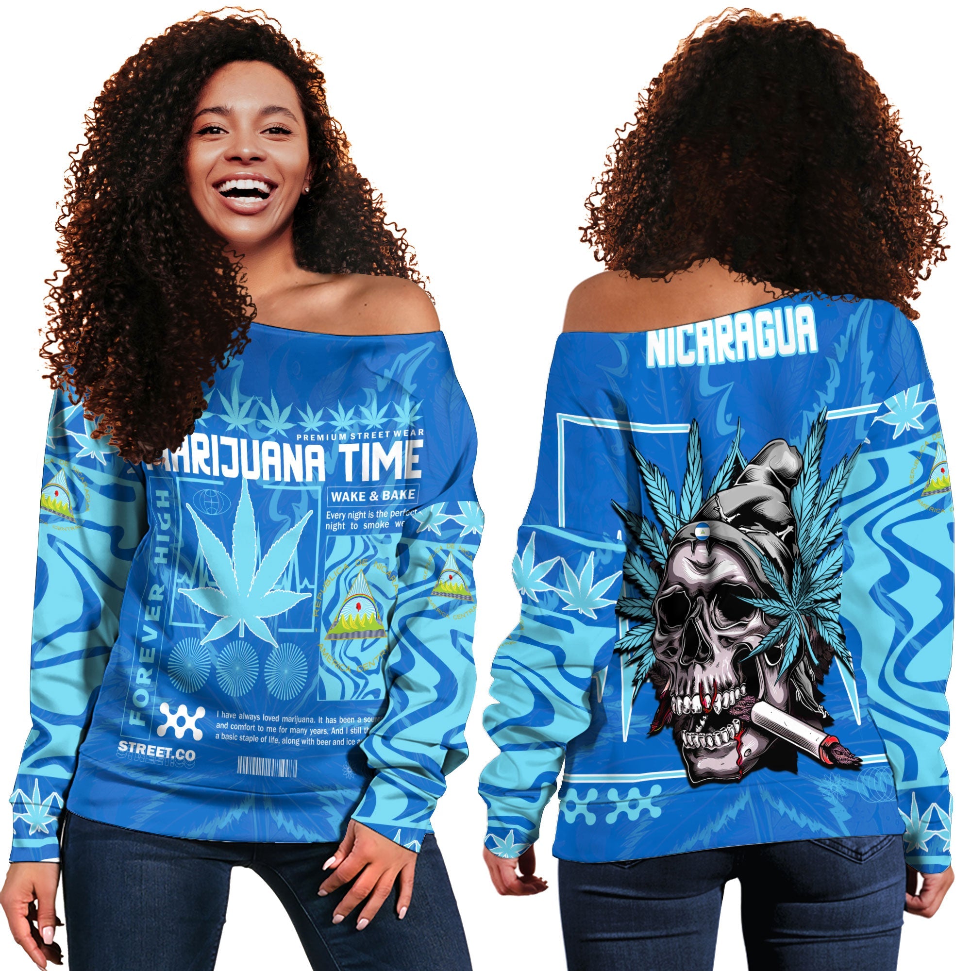 Nicaragua Women Off Shoulder Sweatshirt Flag & Coat Of Arms Marijuanas Style