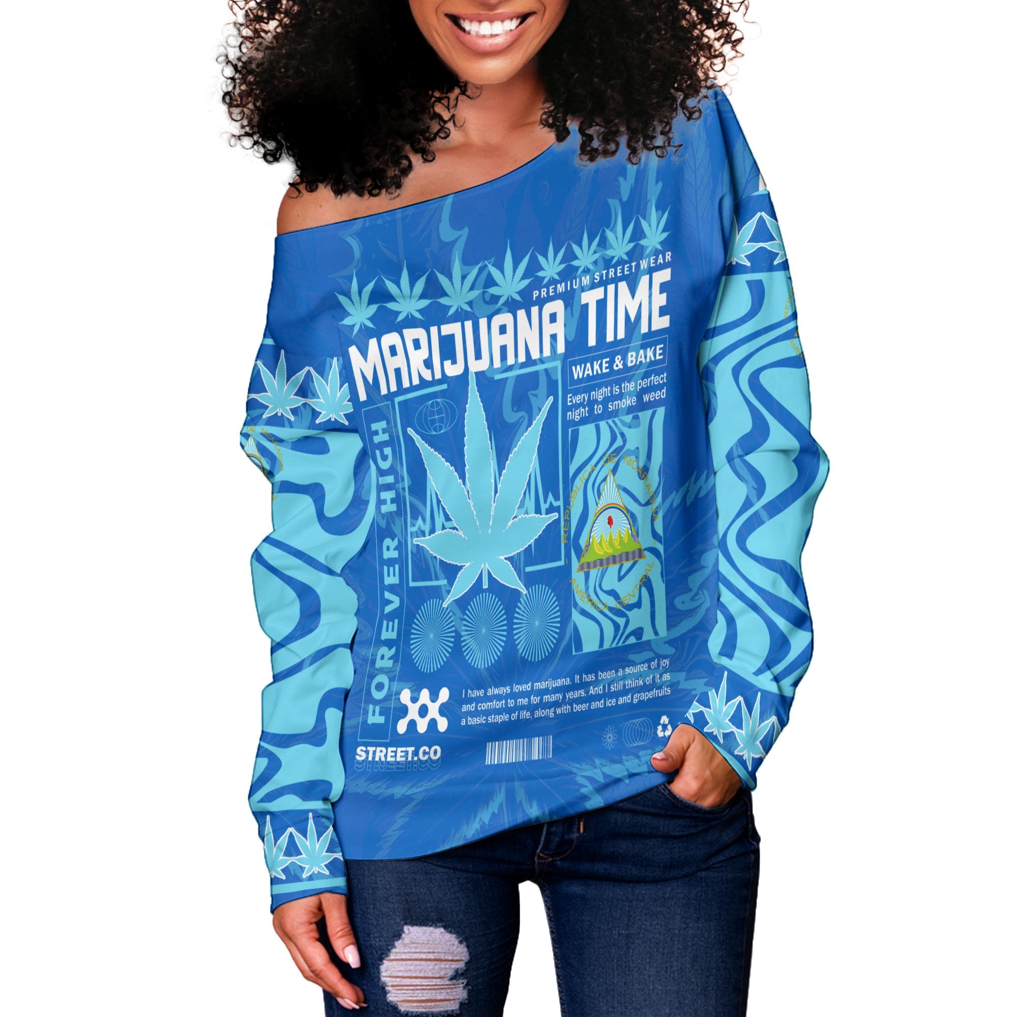 Nicaragua Women Off Shoulder Sweatshirt Flag & Coat Of Arms Marijuanas Style