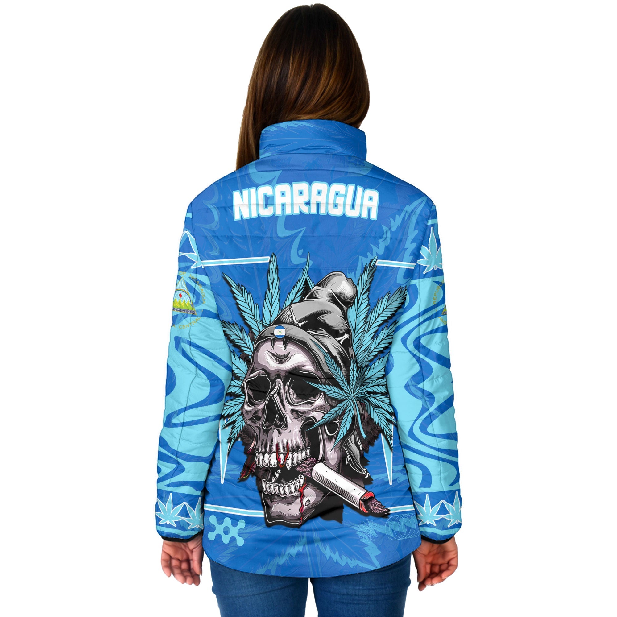 Nicaragua Women Padded Jacket Flag & Coat Of Arms Marijuanas Style