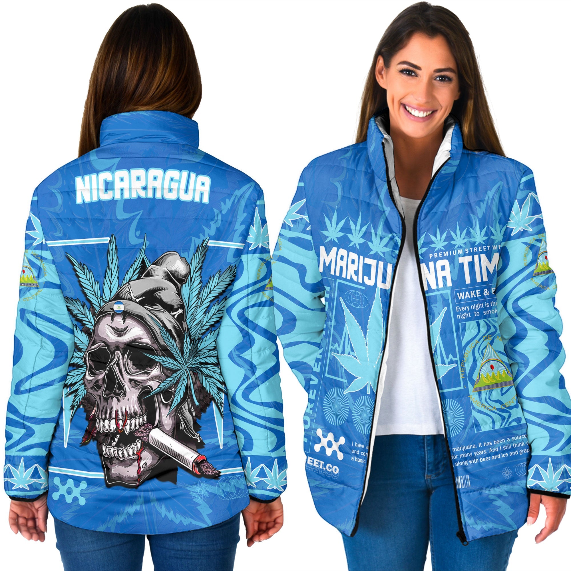 Nicaragua Women Padded Jacket Flag & Coat Of Arms Marijuanas Style